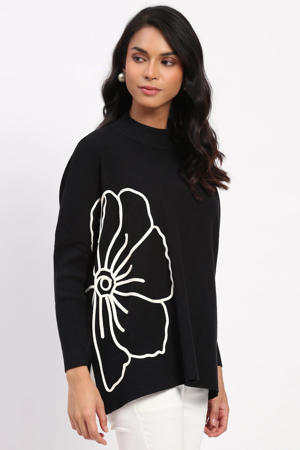 Black Floral Embroidered Loose Fit Pullover-Global Republic