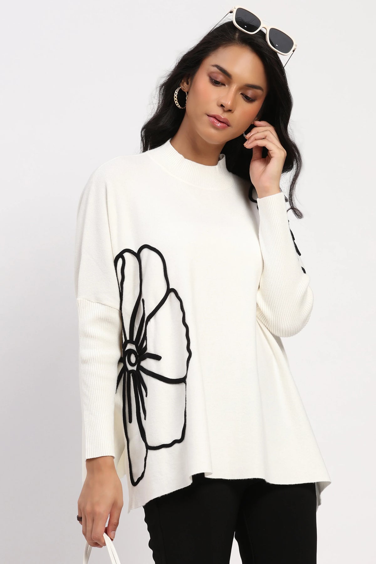 White Floral Embroidered Loose Fit Pullover-Global Republic