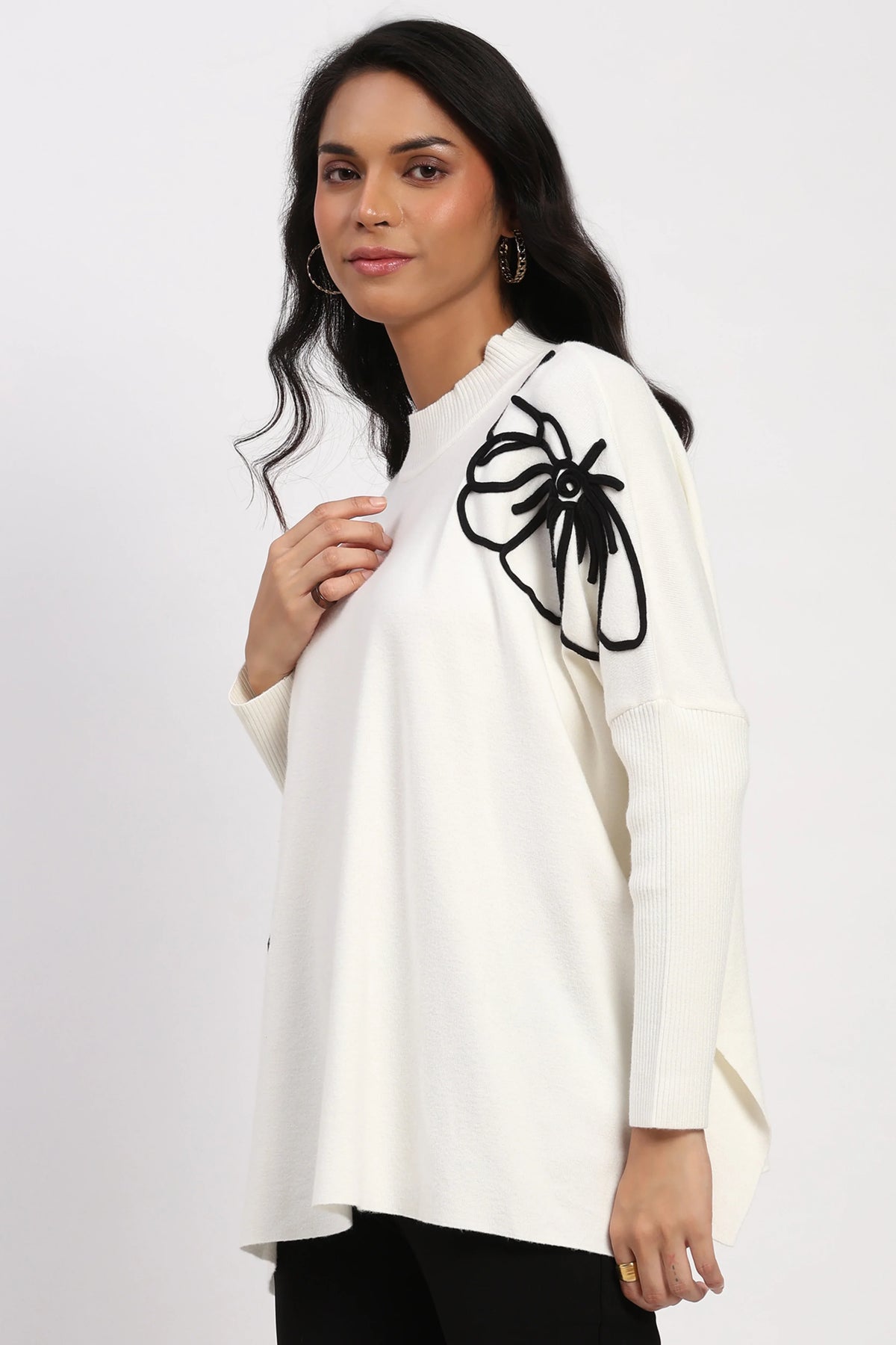 White Floral Embroidered Loose Fit Pullover-Global Republic