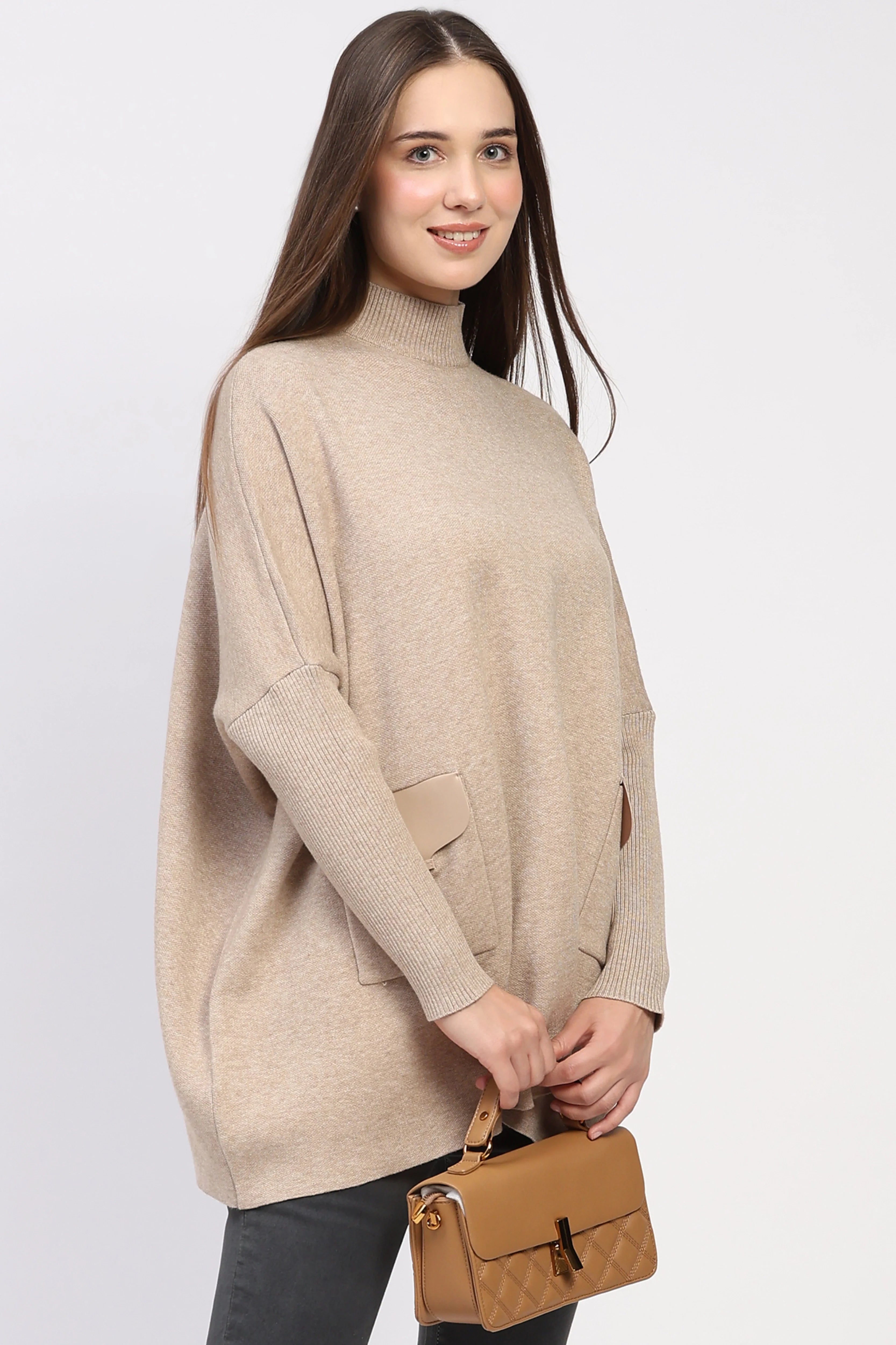 Beige High-Neck Kimono Sleeve Pullover