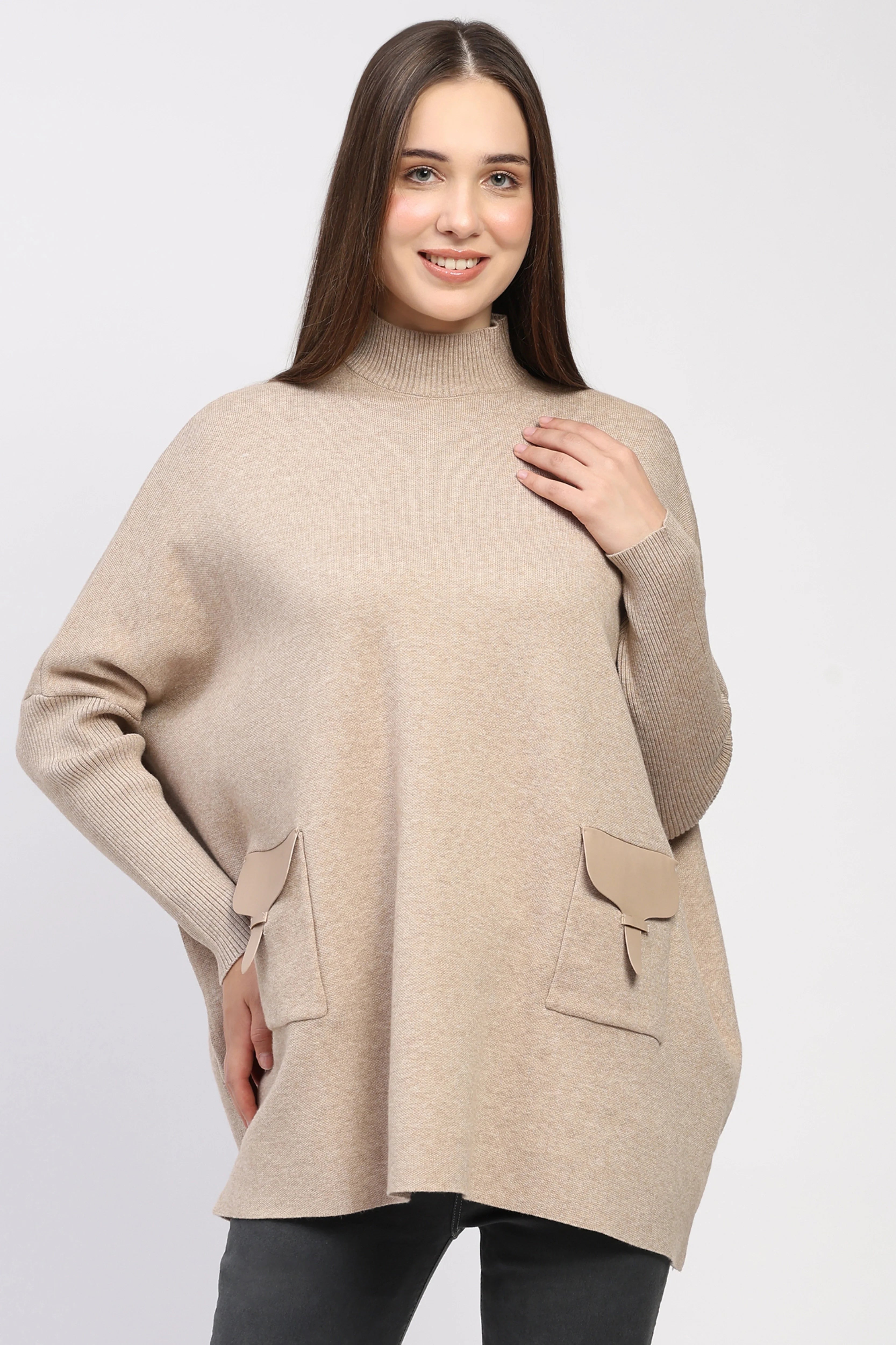Beige High-Neck Kimono Sleeve Pullover