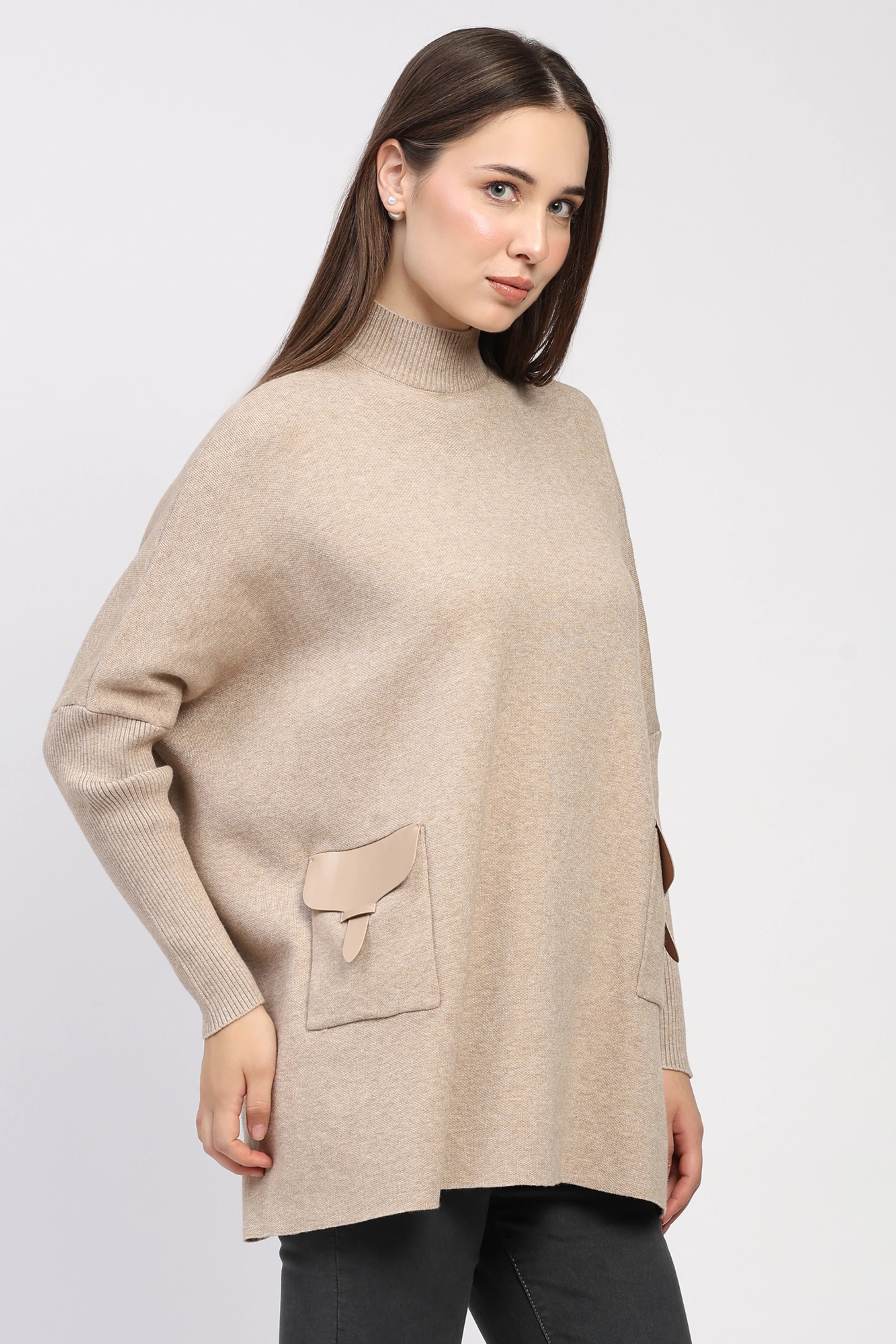 Beige High-Neck Kimono Sleeve Pullover