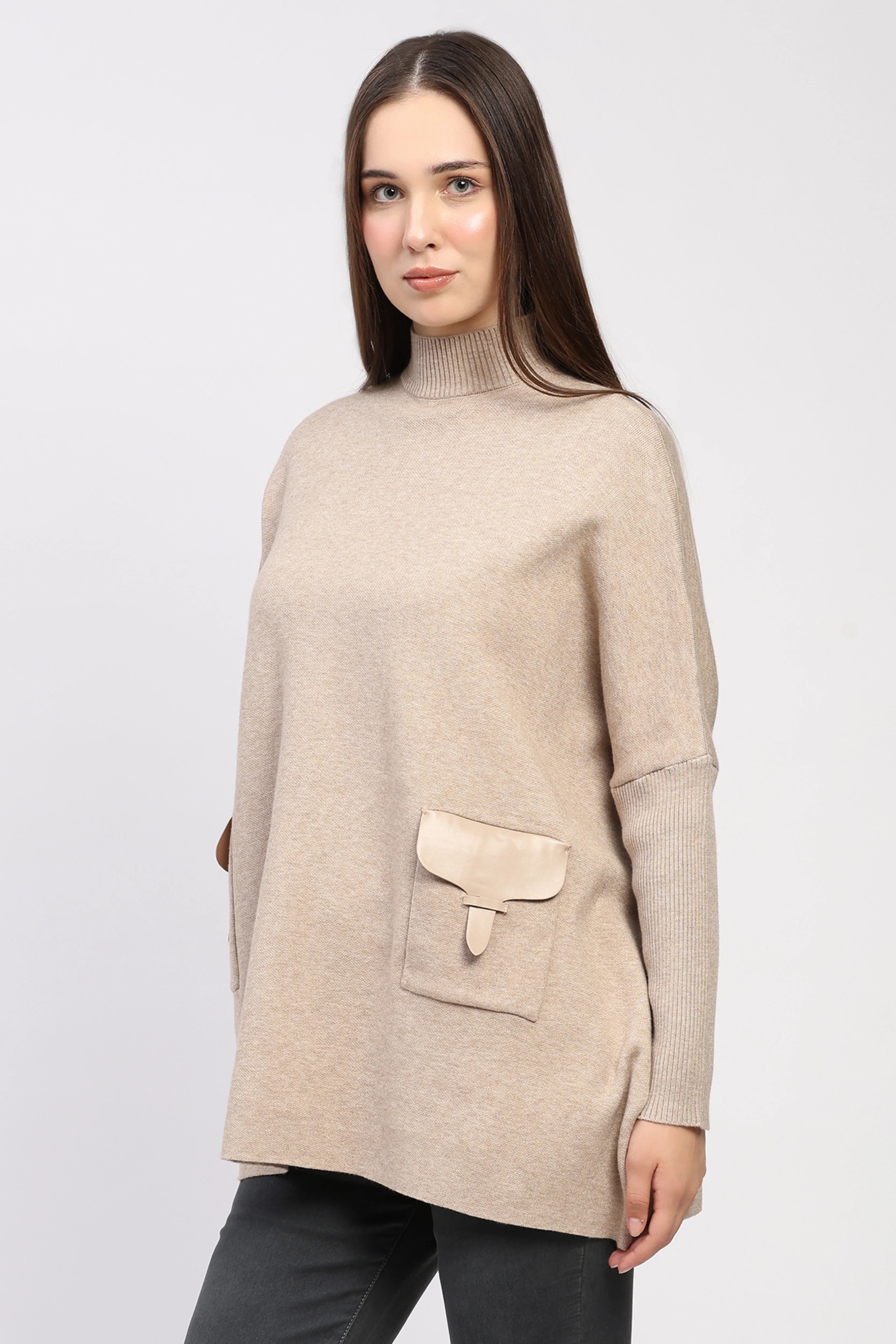 Beige High-Neck Kimono Sleeve Pullover