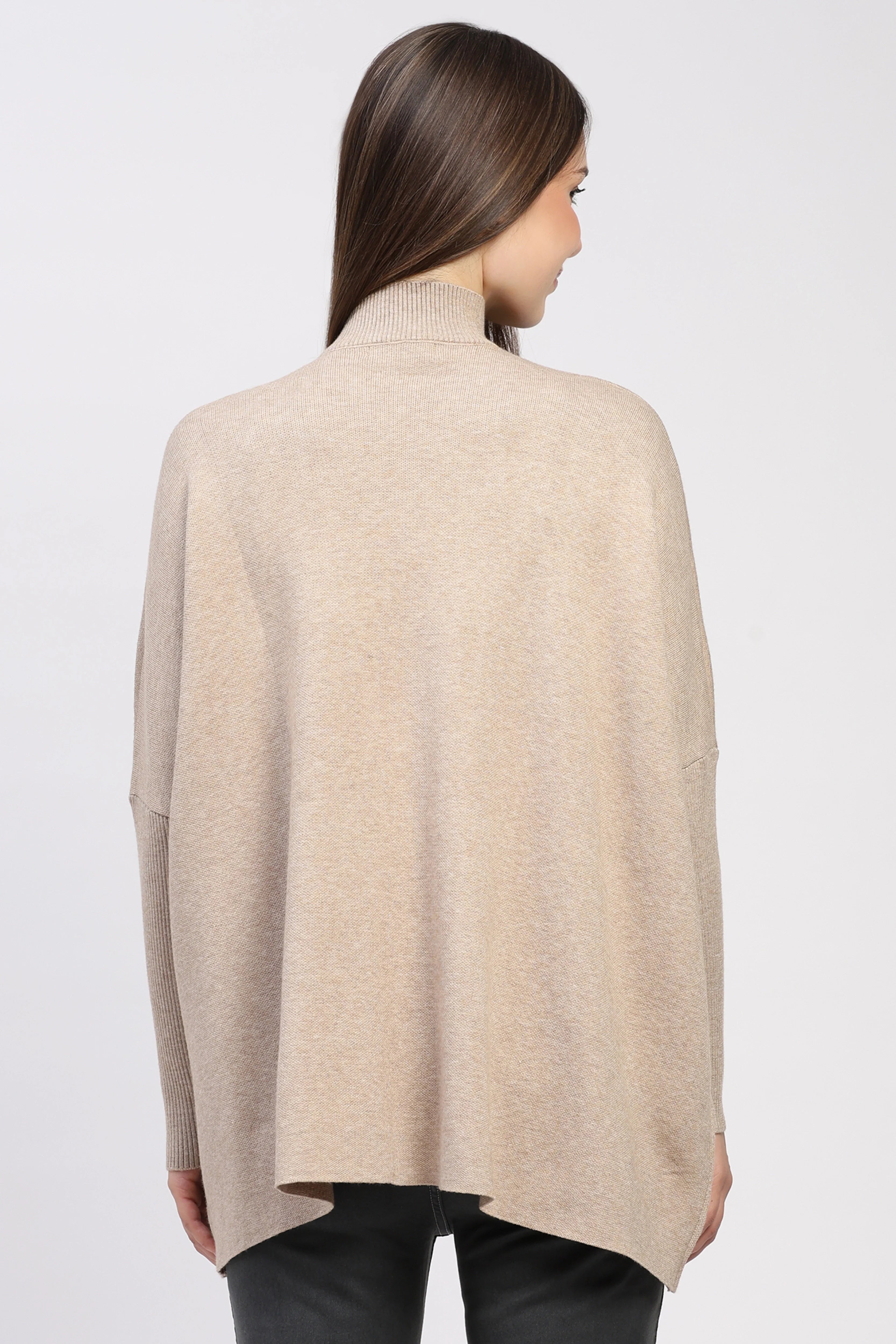 Beige High-Neck Kimono Sleeve Pullover