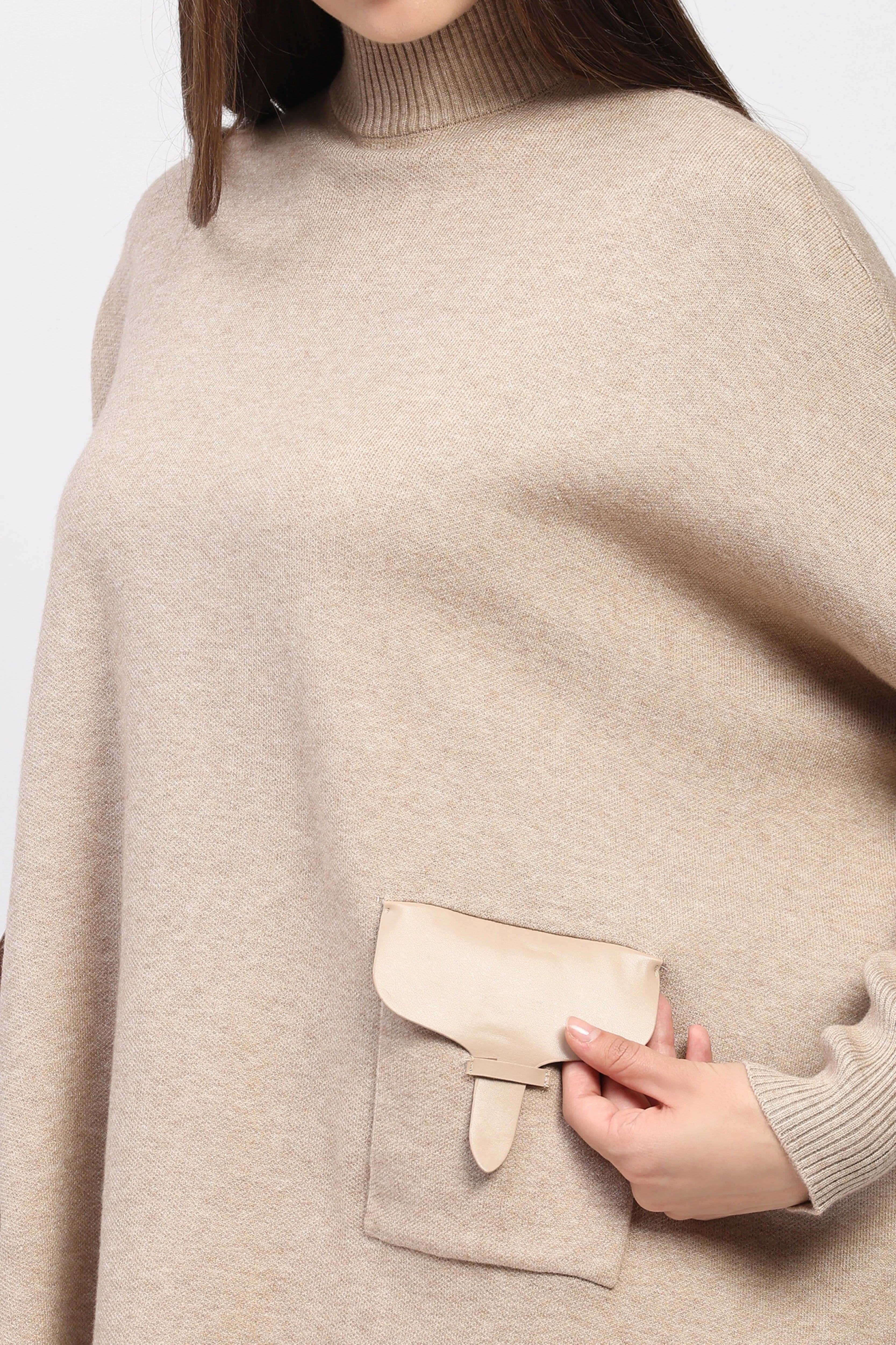 Beige High-Neck Kimono Sleeve Pullover