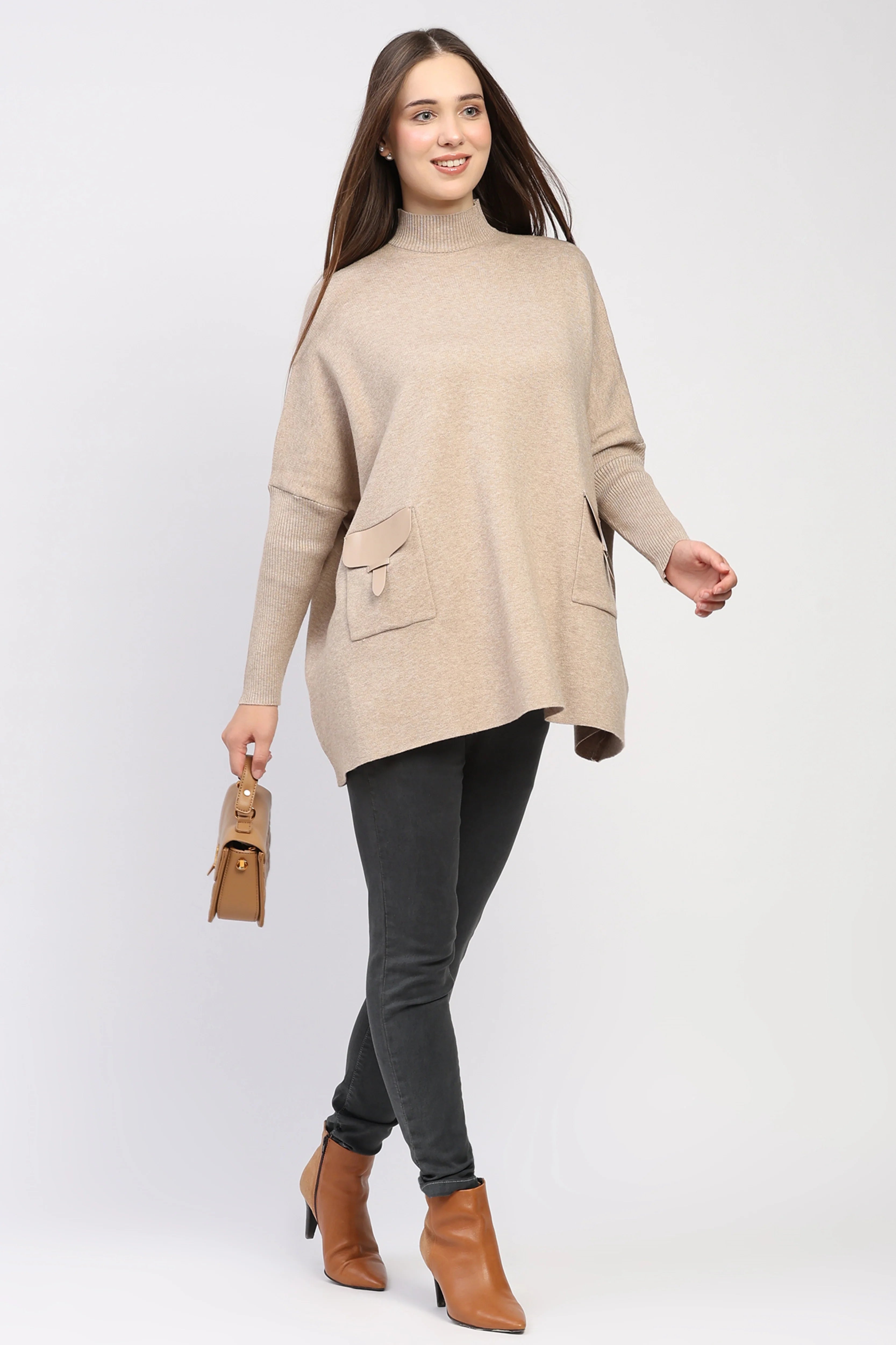 Beige High-Neck Kimono Sleeve Pullover