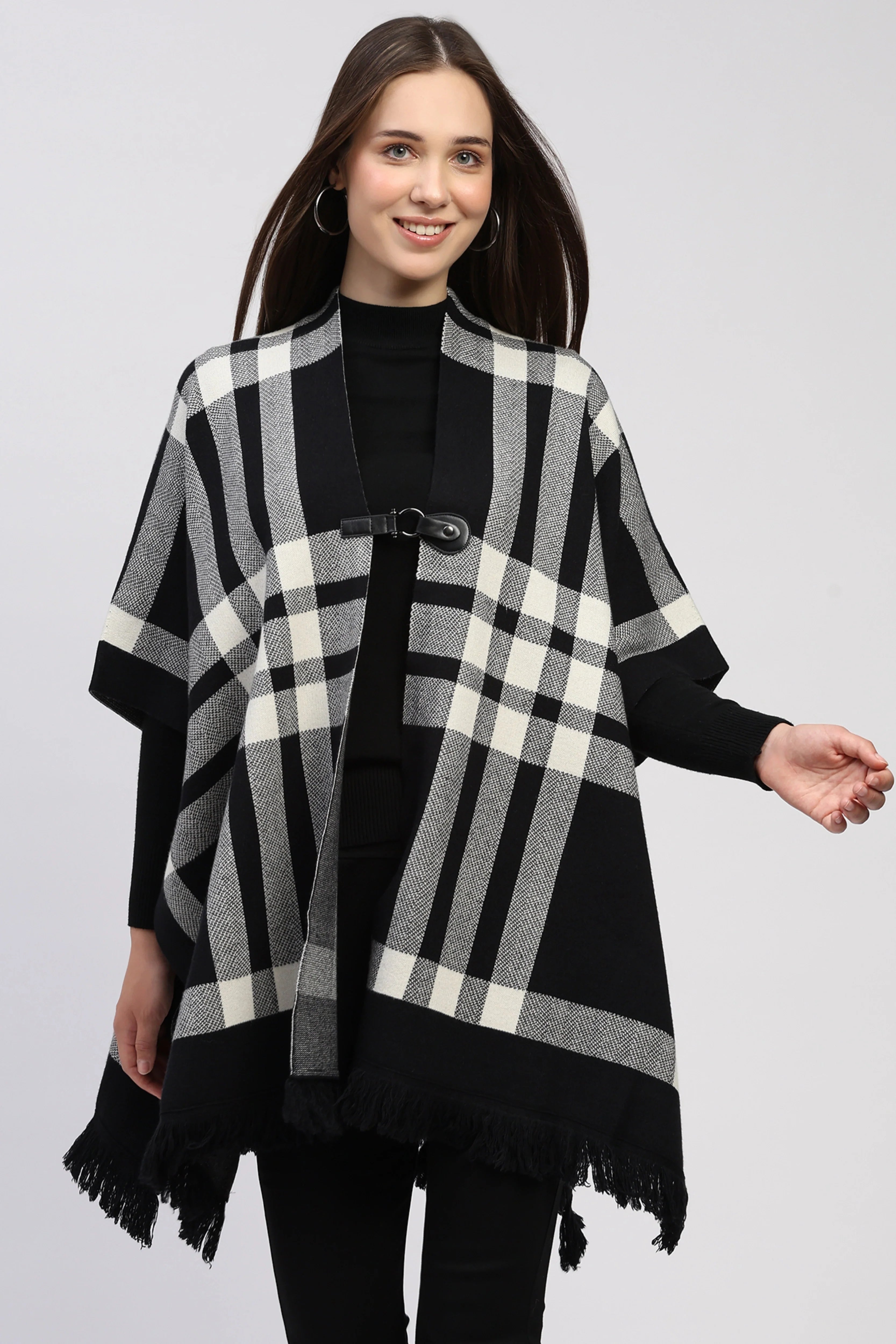 Black Check Fringe Winter Shrug