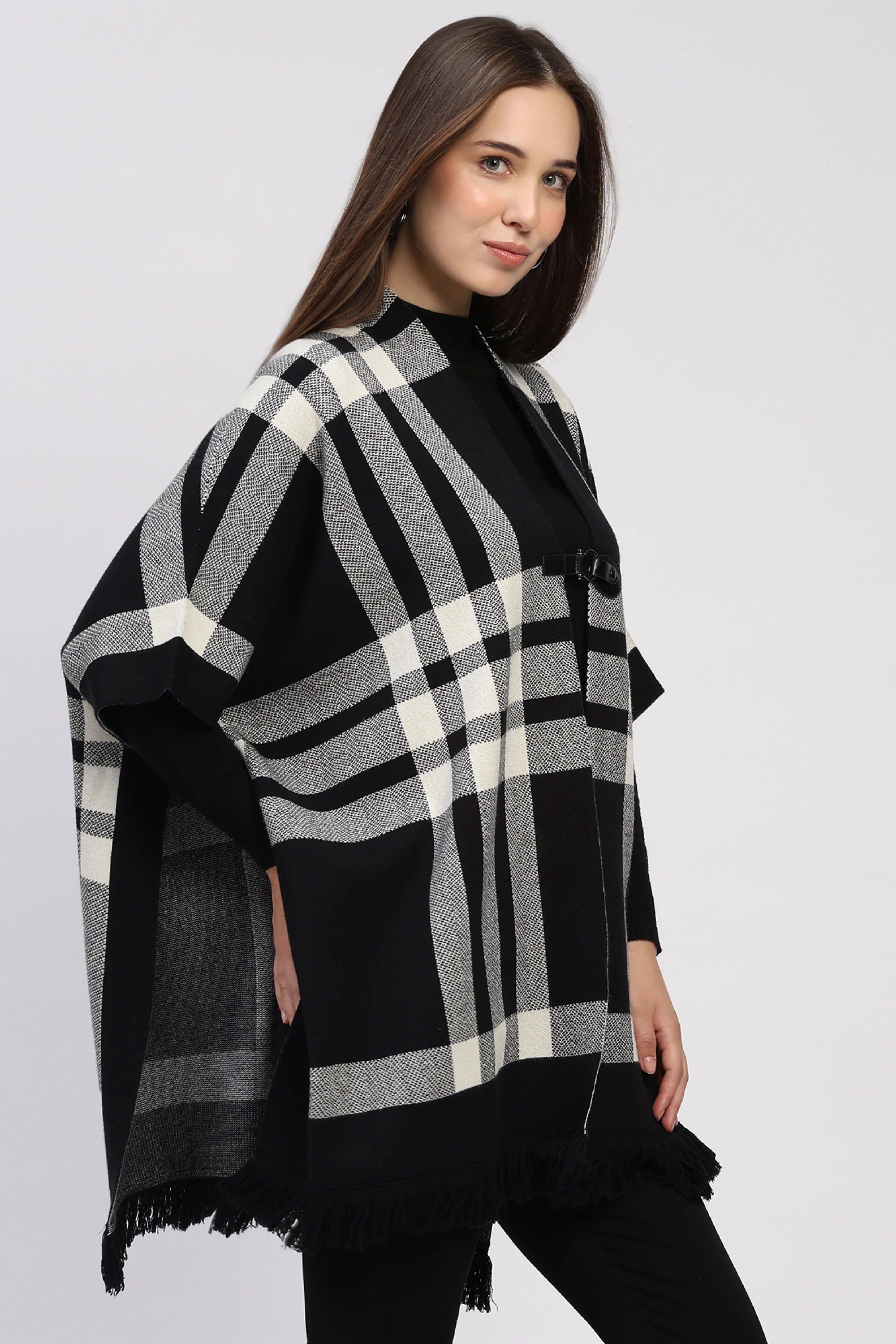 Black Check Fringe Winter Shrug