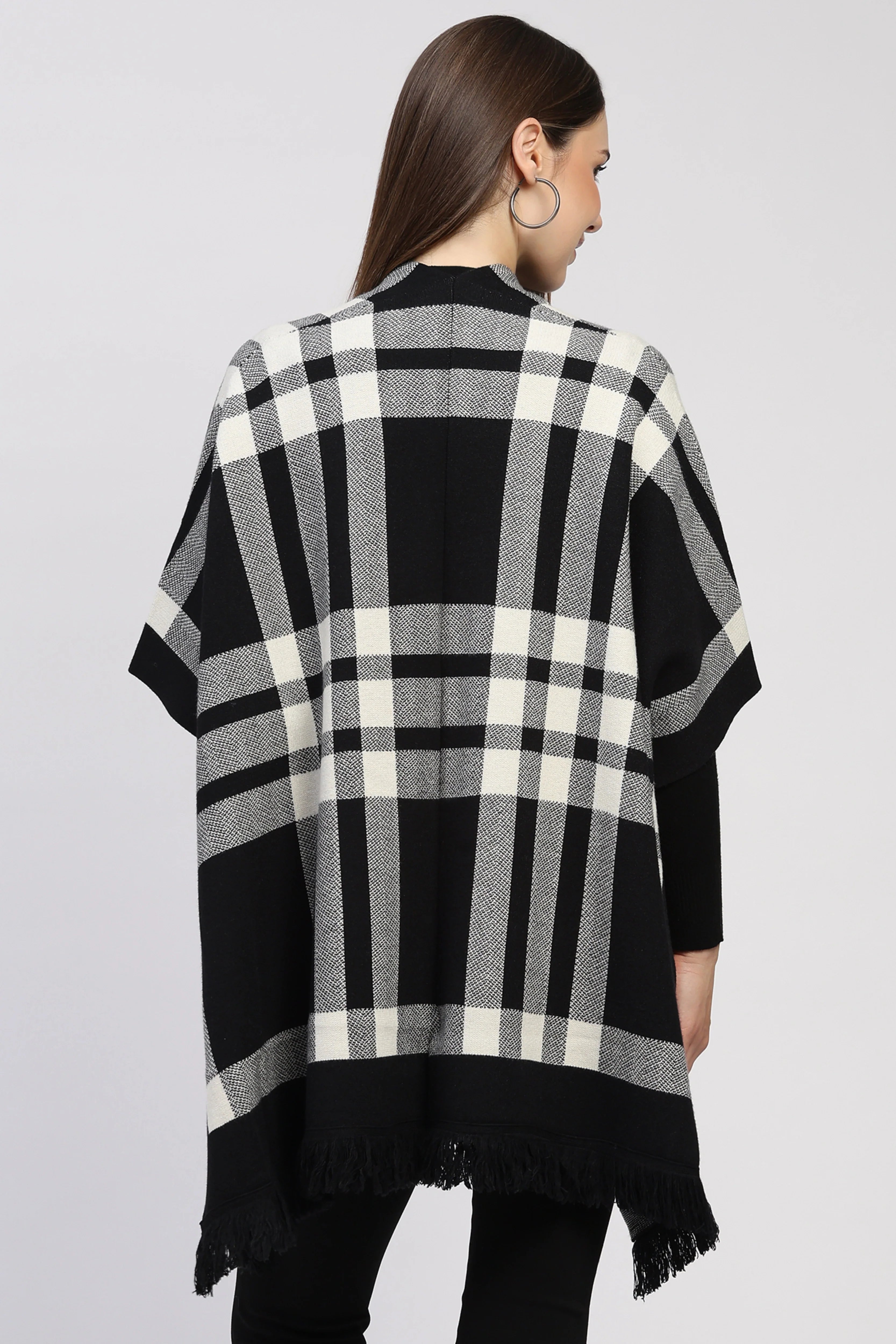Black Check Fringe Winter Shrug