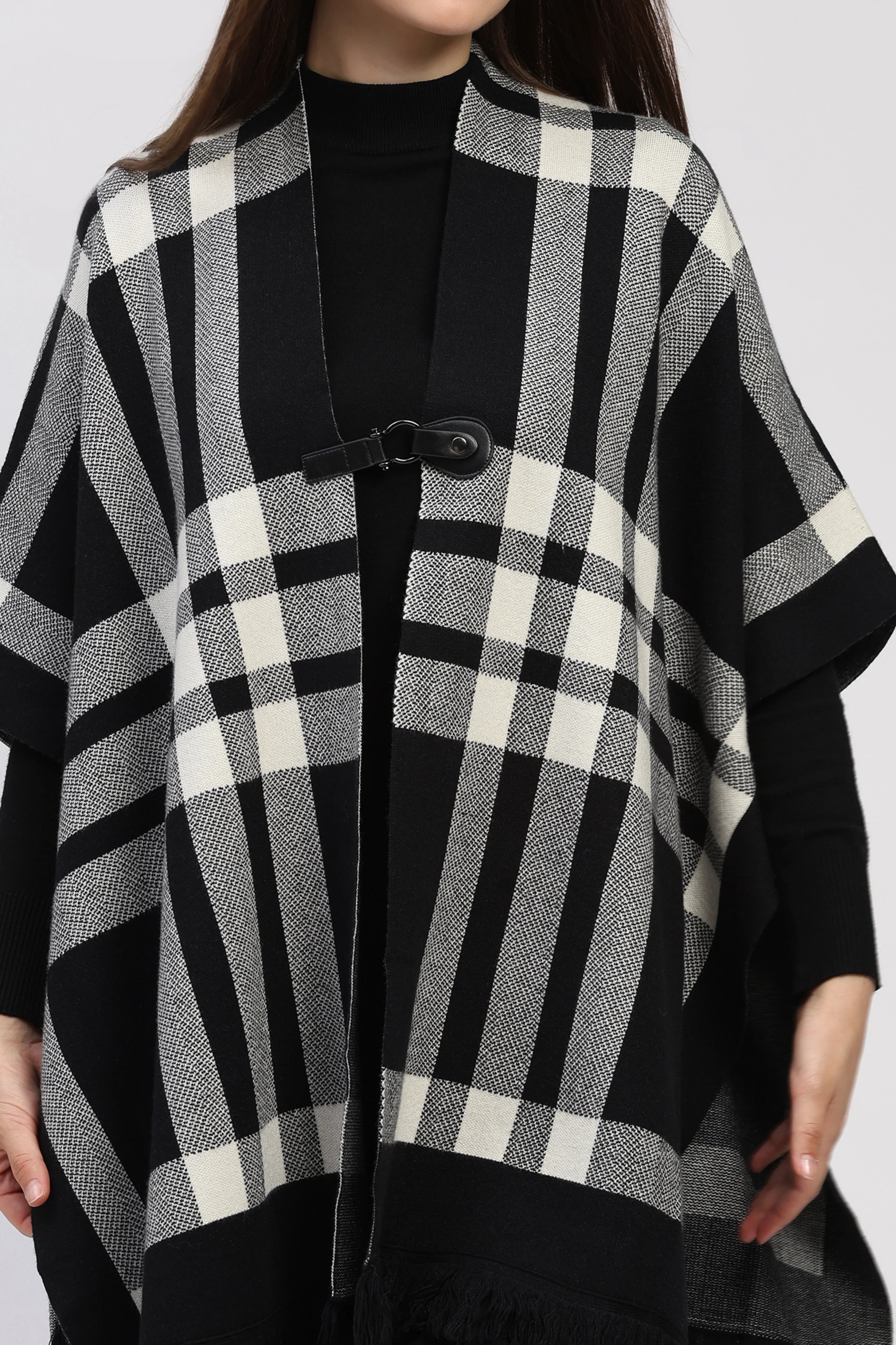 Black Check Fringe Winter Shrug