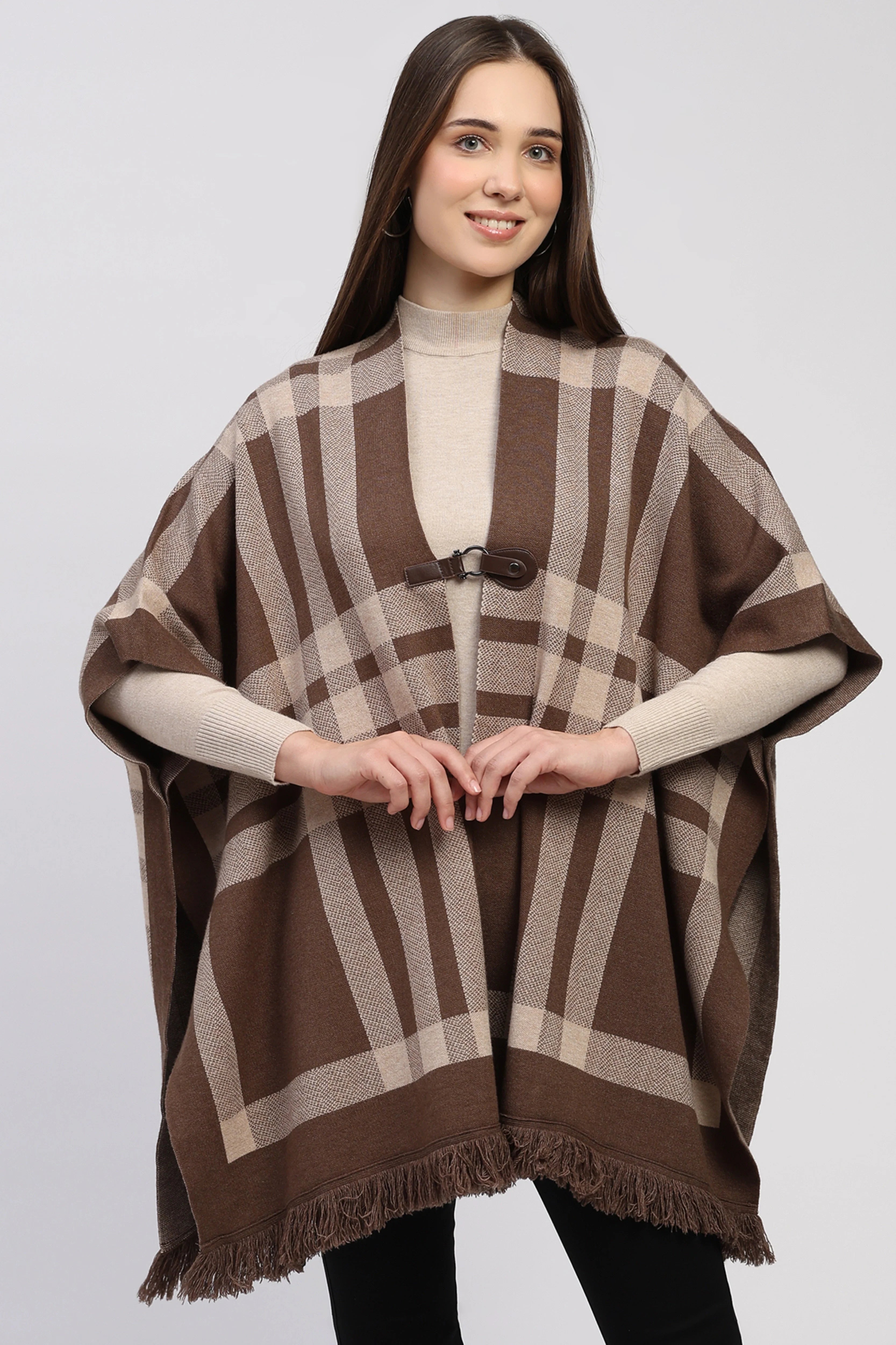 Brown Check Fringe Winter Shrug