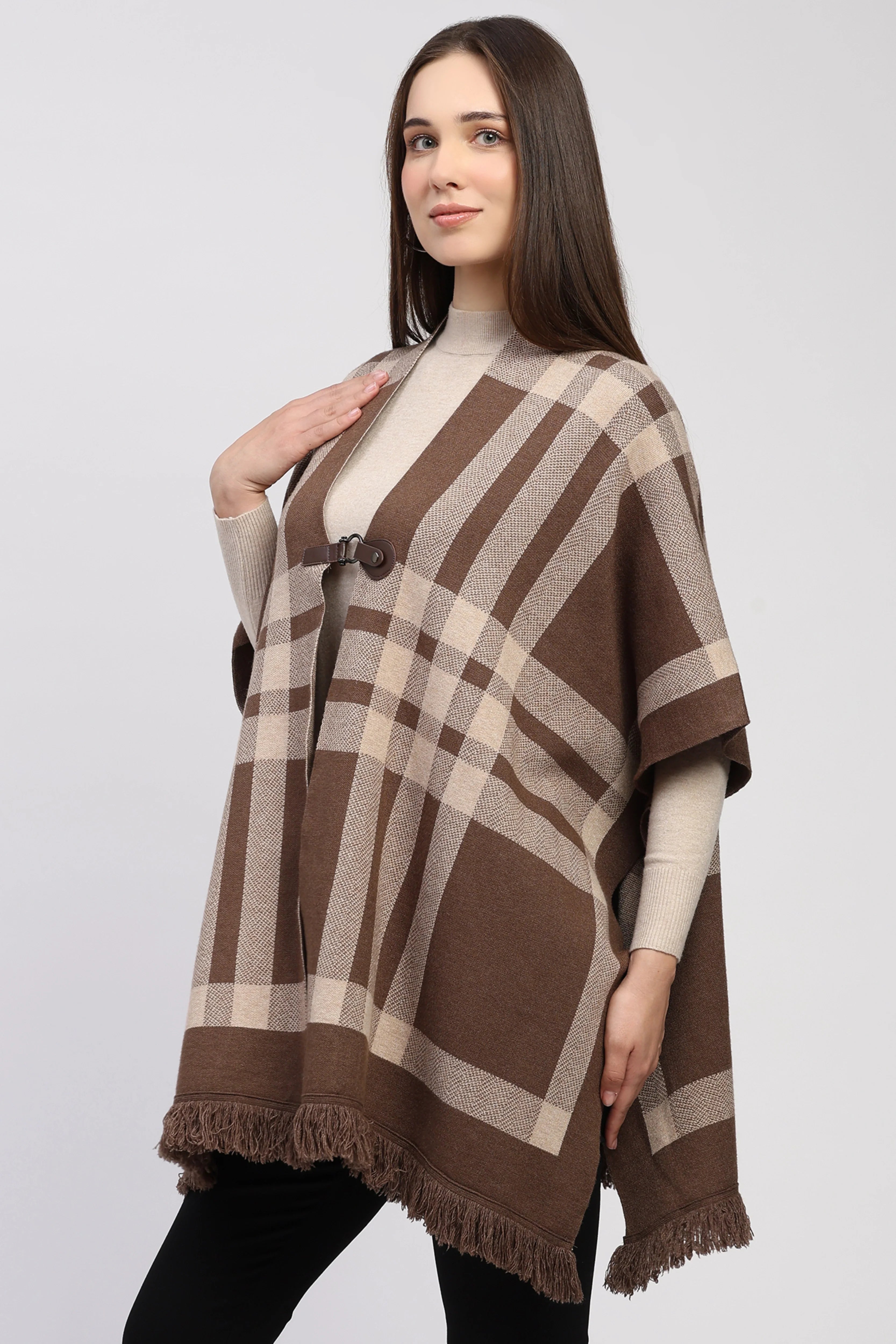 Brown Check Fringe Winter Shrug