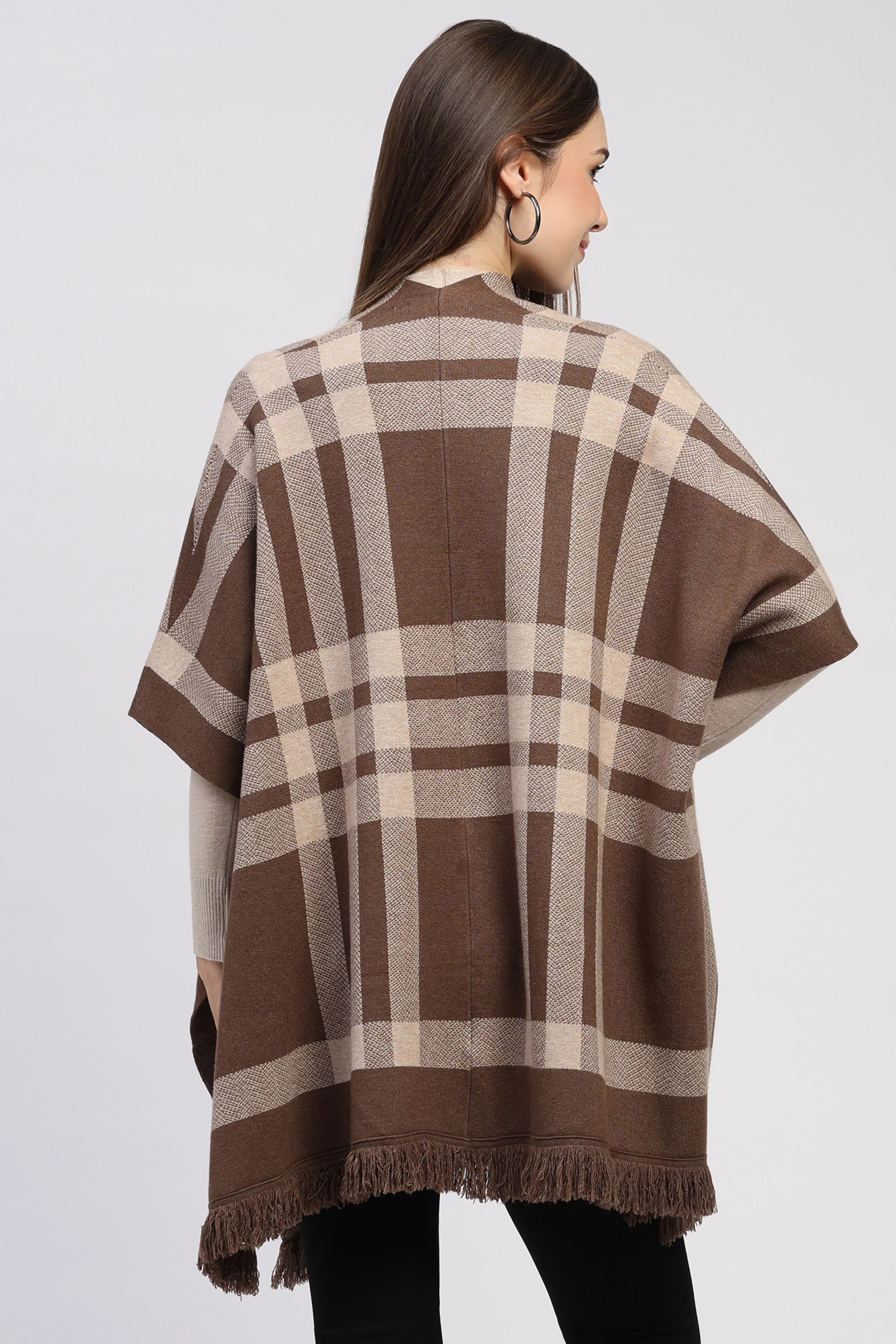 Brown Check Fringe Winter Shrug
