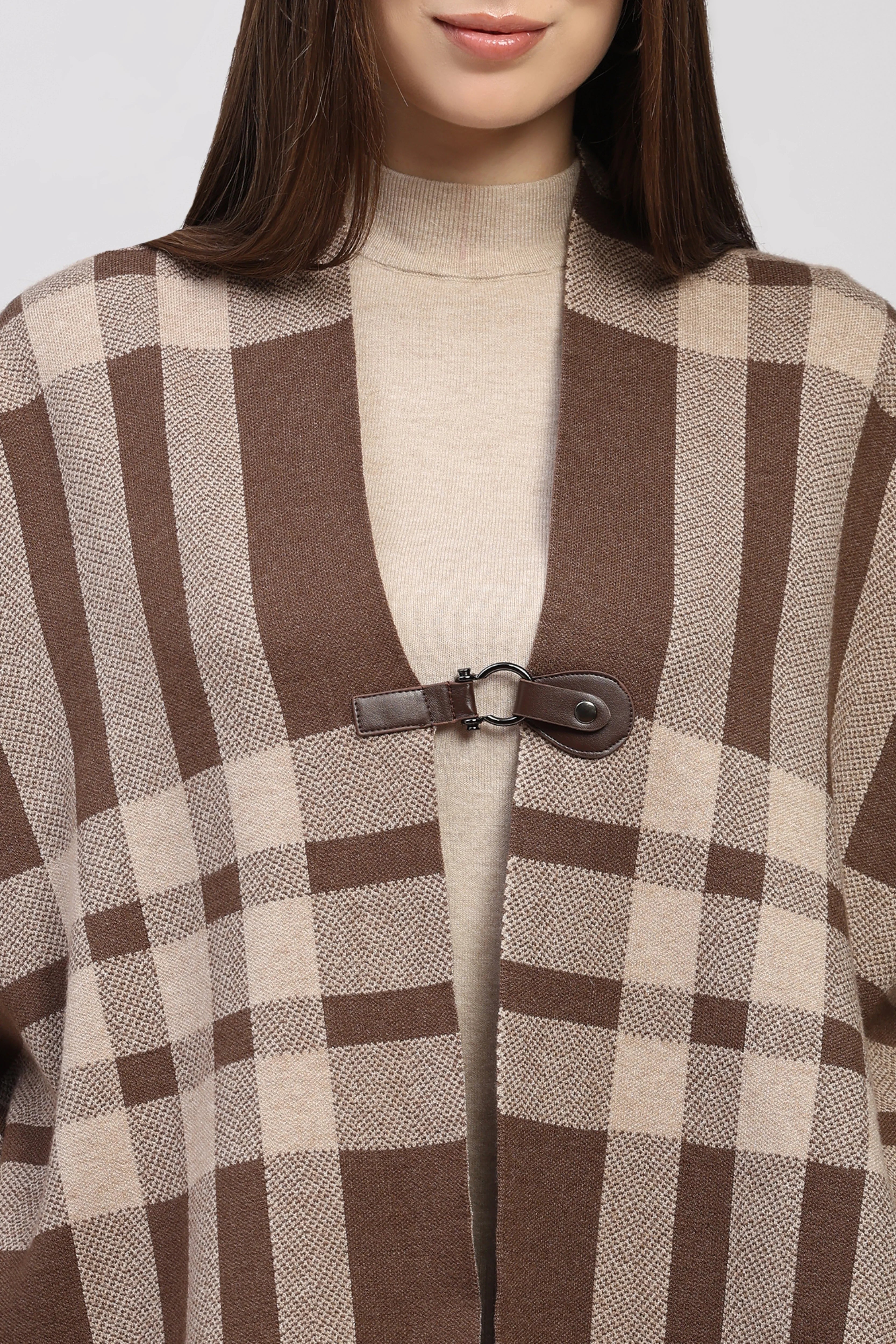 Brown Check Fringe Winter Shrug