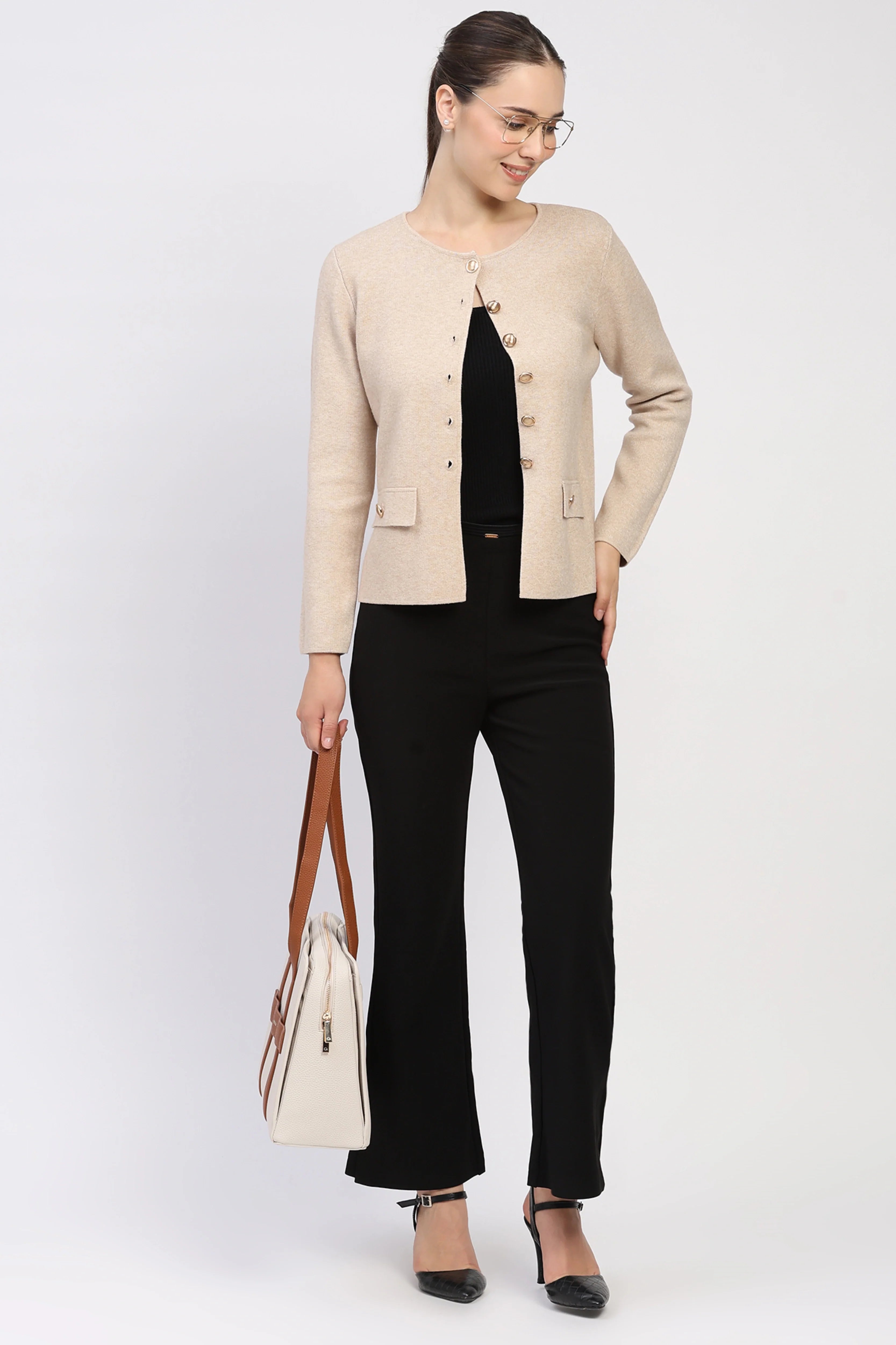 Beige Solid Cardigan