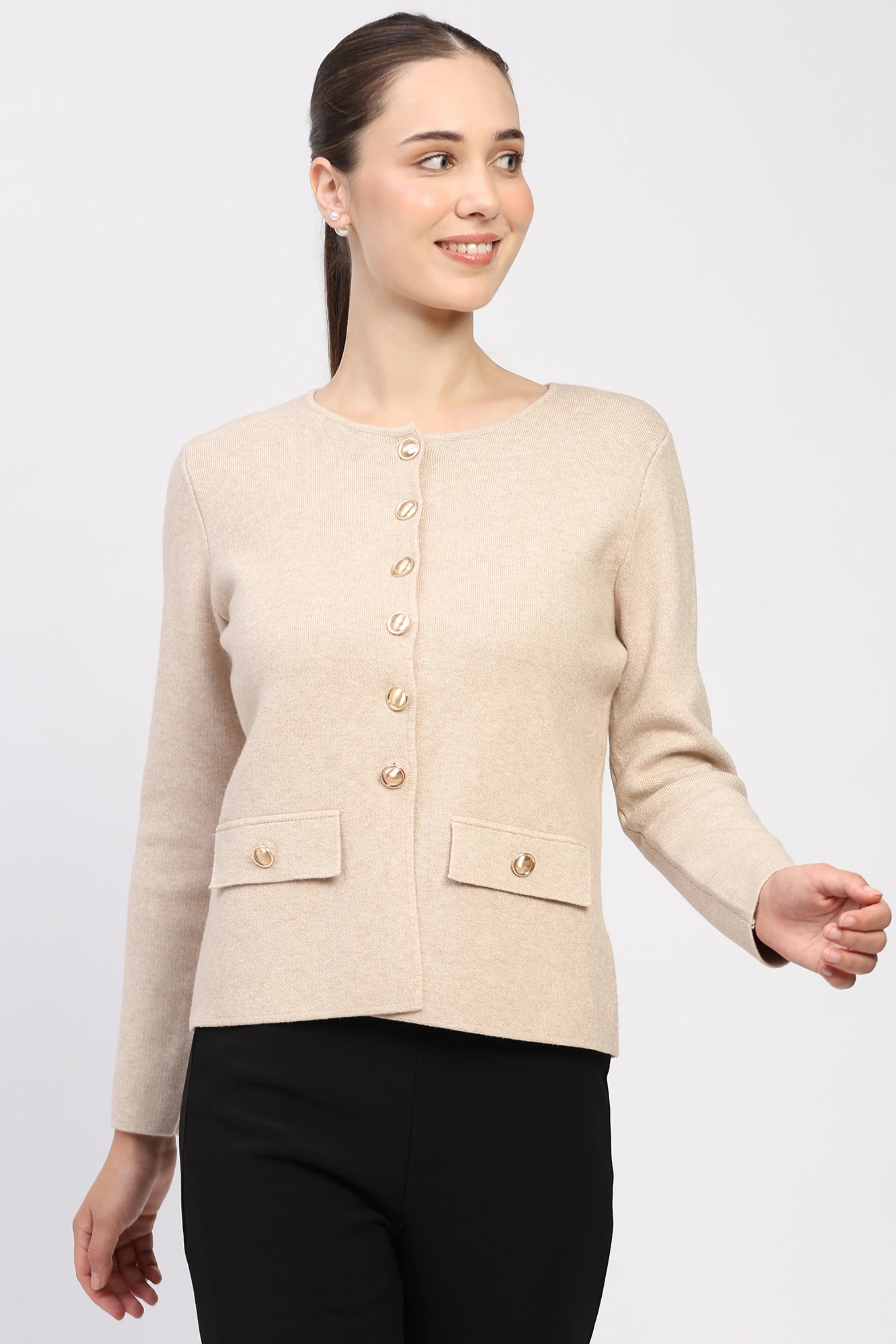 Beige Solid Cardigan