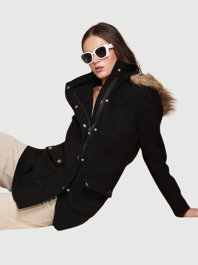 Black Solid Hooded Coat