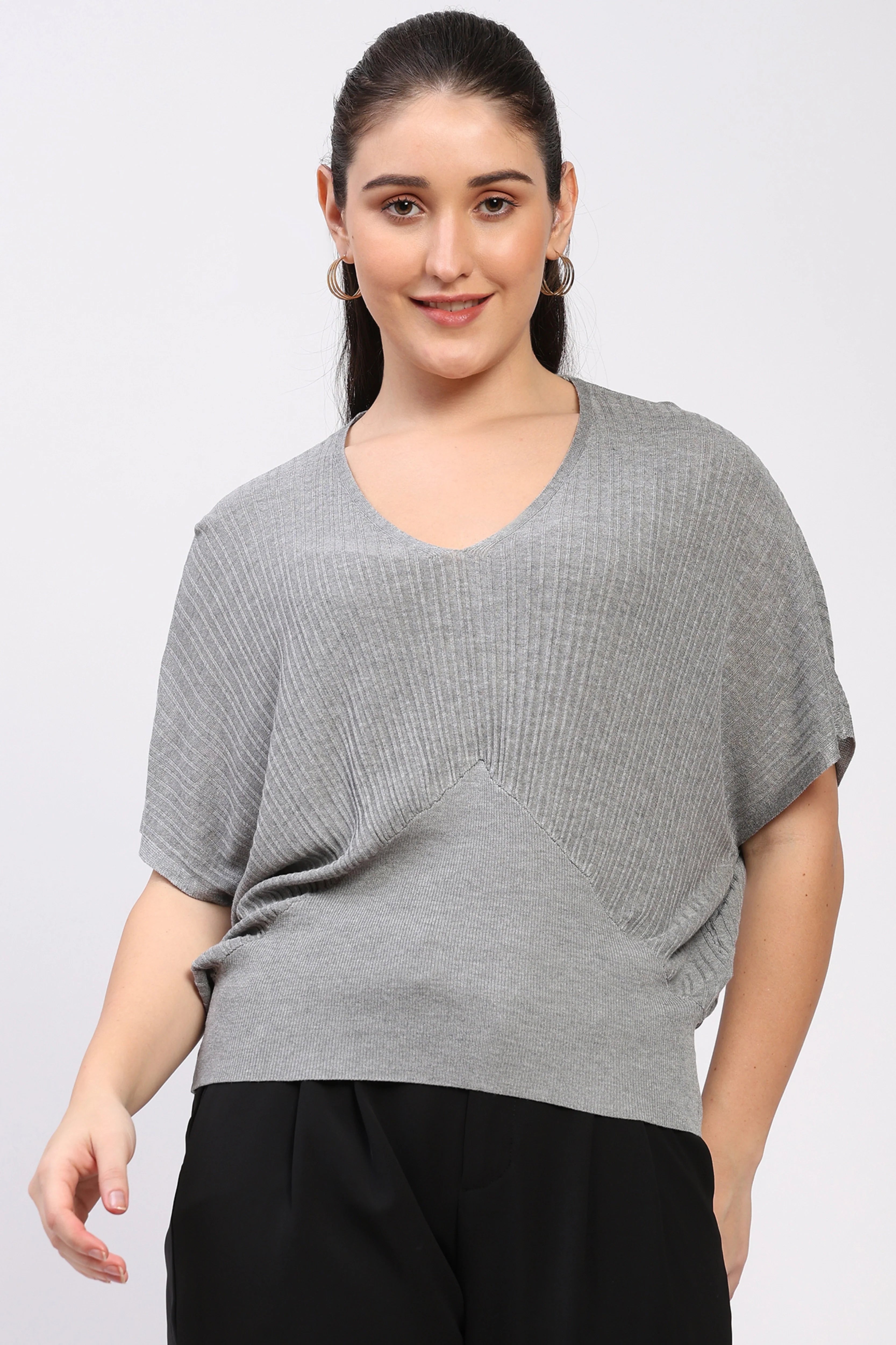Light Grey Ribbed Batwing Sleeve Top-Global Republic