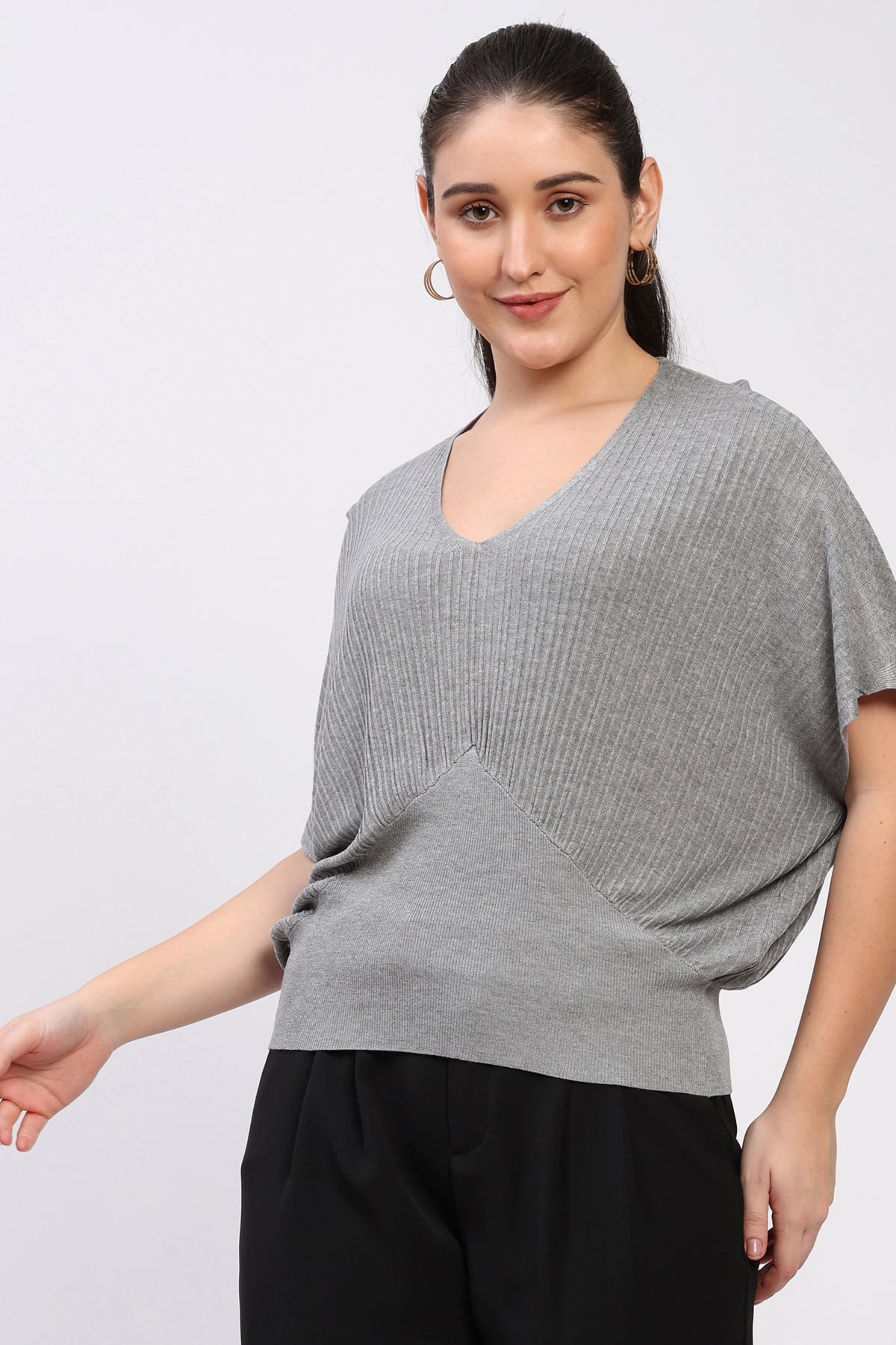 Light Grey Ribbed Batwing Sleeve Top-Global Republic