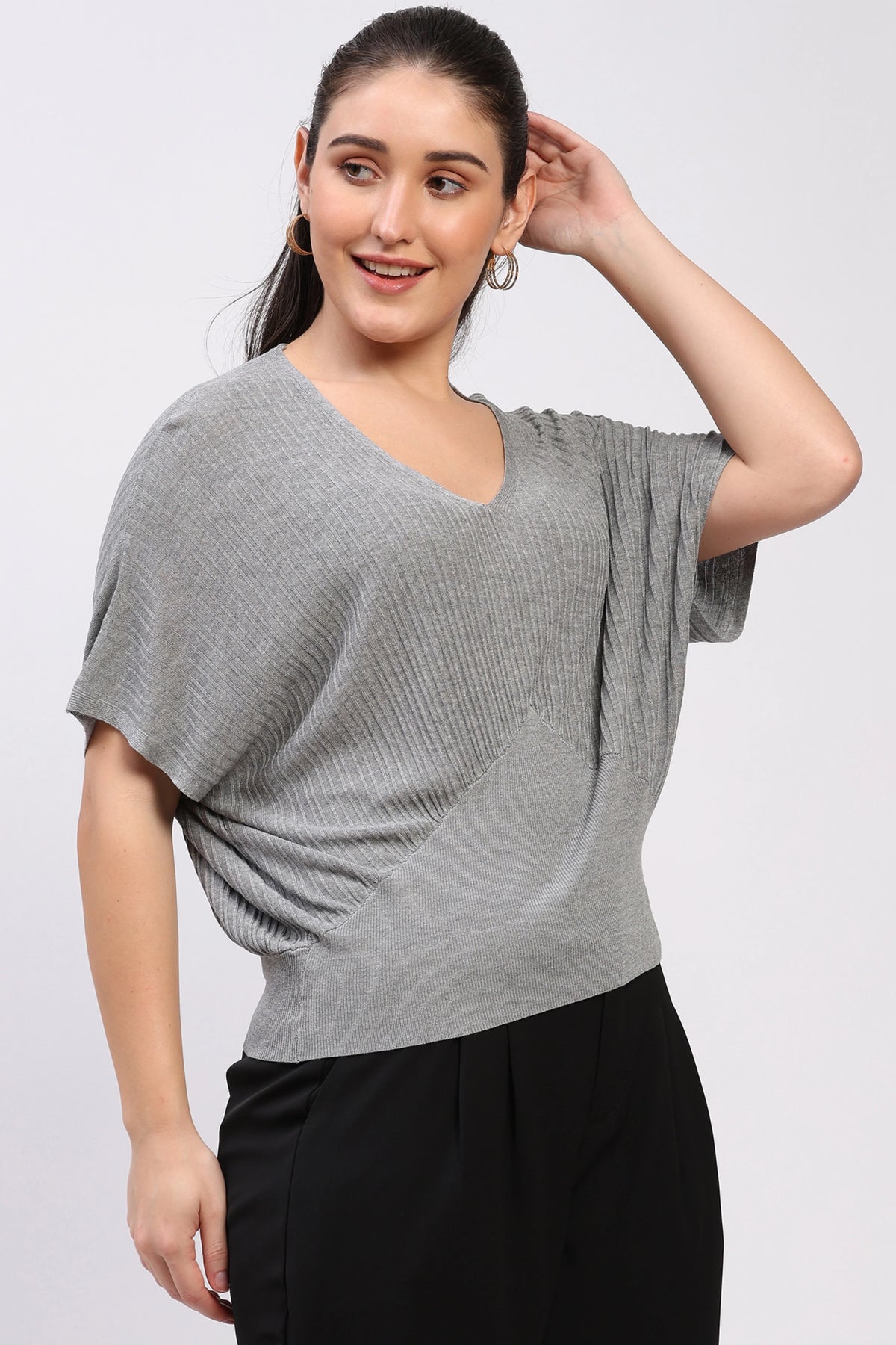 Light Grey Ribbed Batwing Sleeve Top-Global Republic