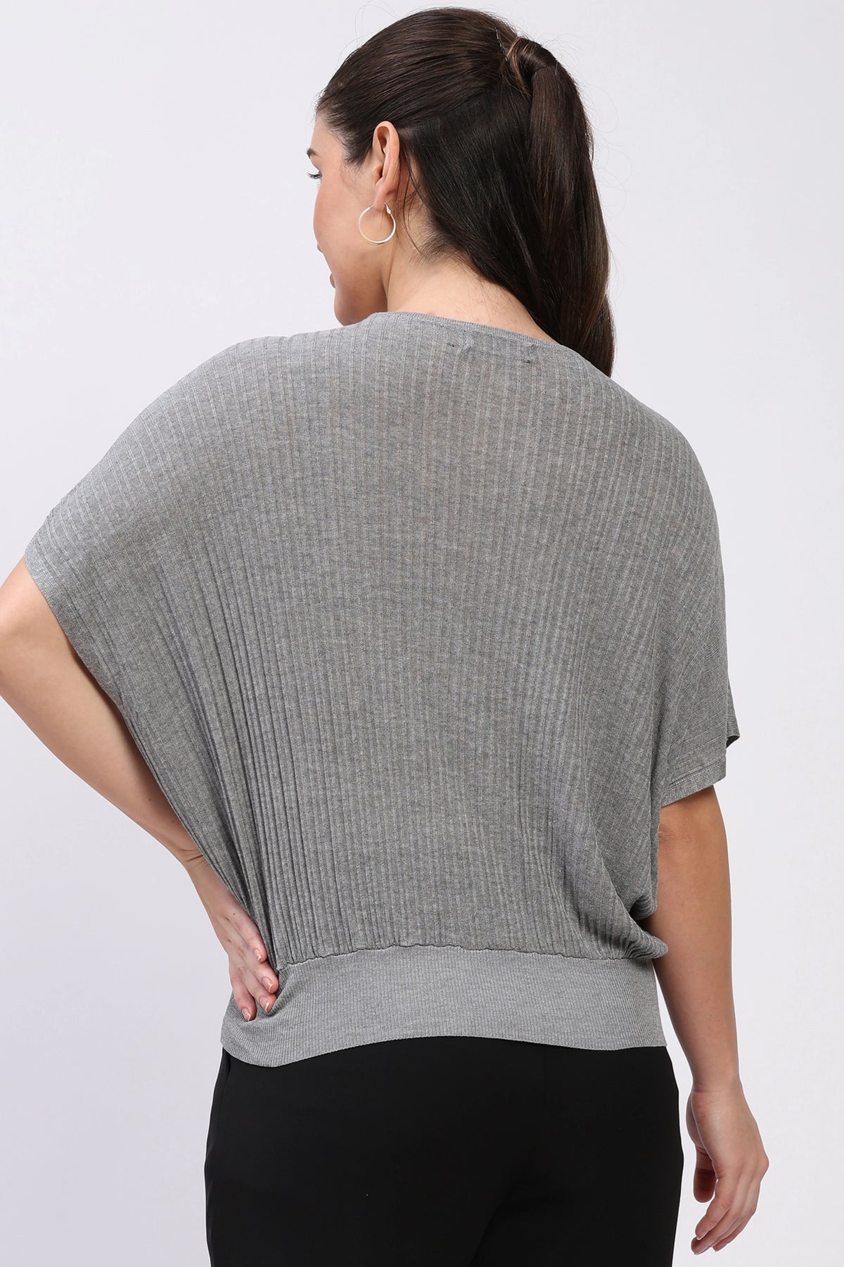 Light Grey Ribbed Batwing Sleeve Top-Global Republic