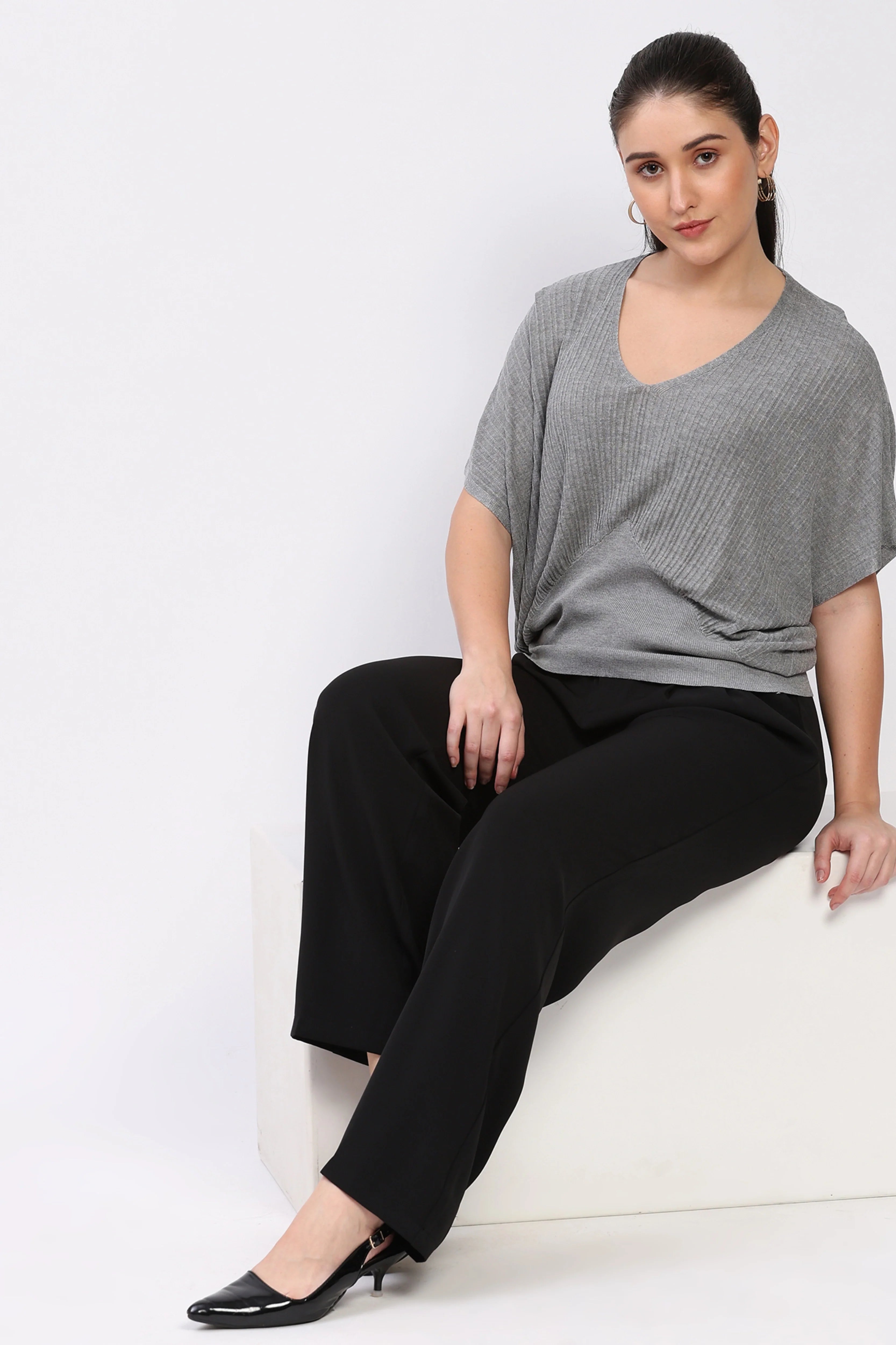 Light Grey Ribbed Batwing Sleeve Top-Global Republic