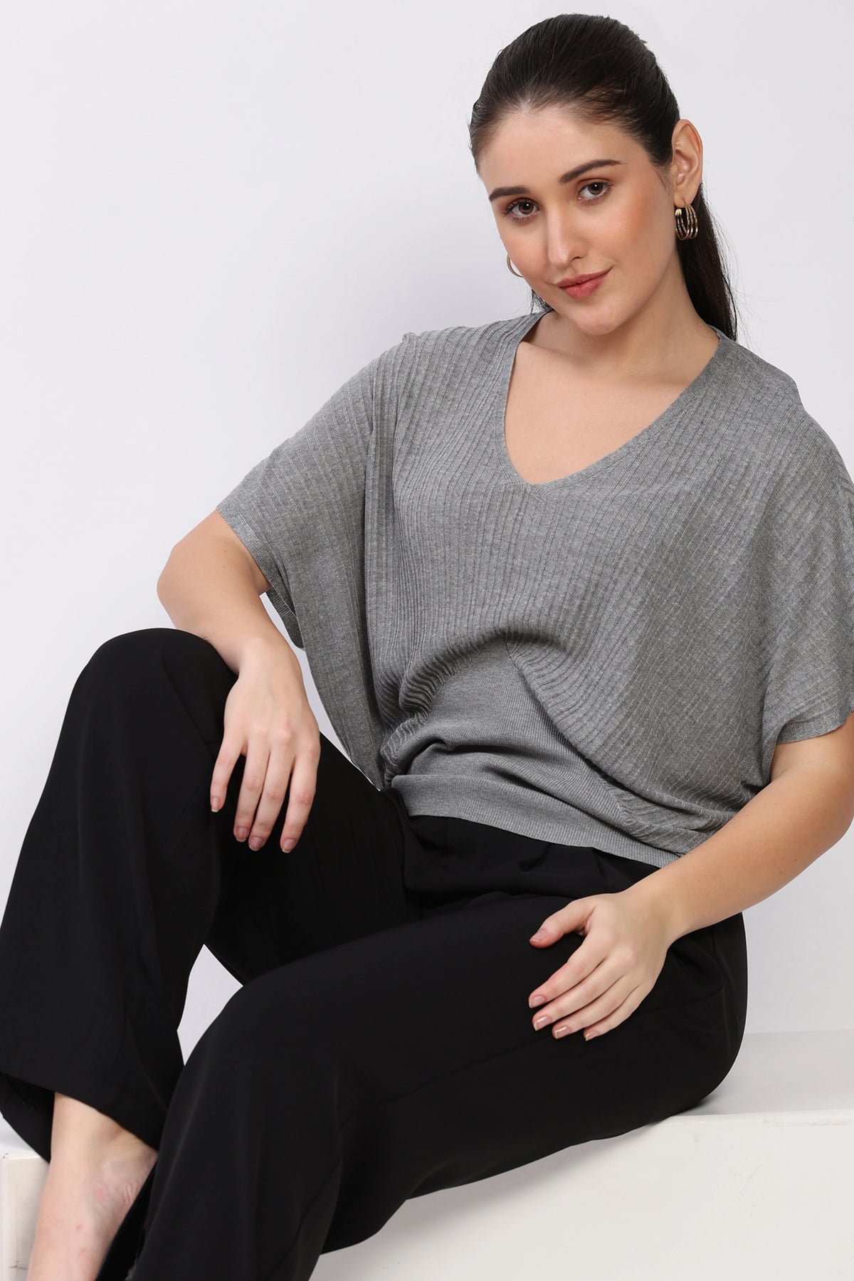 Light Grey Ribbed Batwing Sleeve Top-Global Republic
