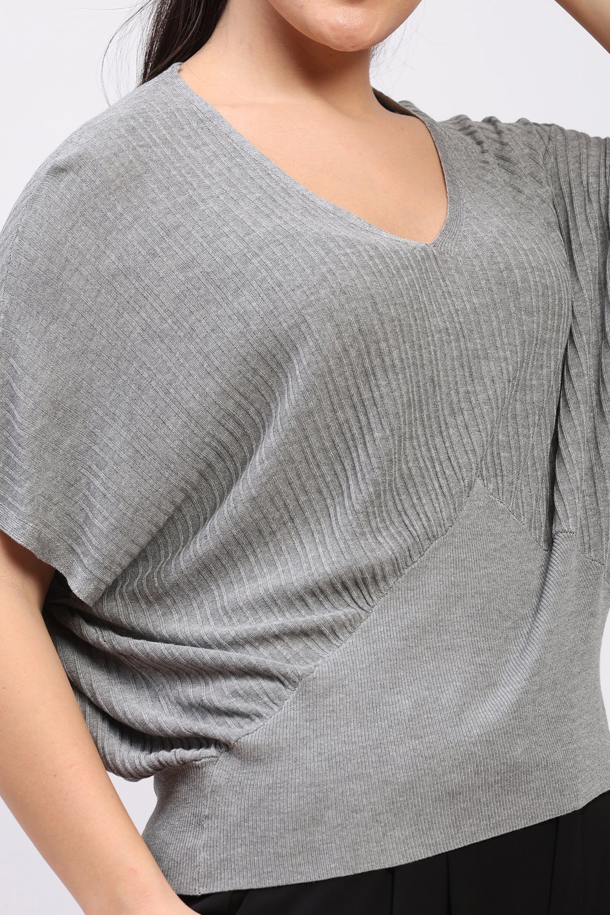 Light Grey Ribbed Batwing Sleeve Top