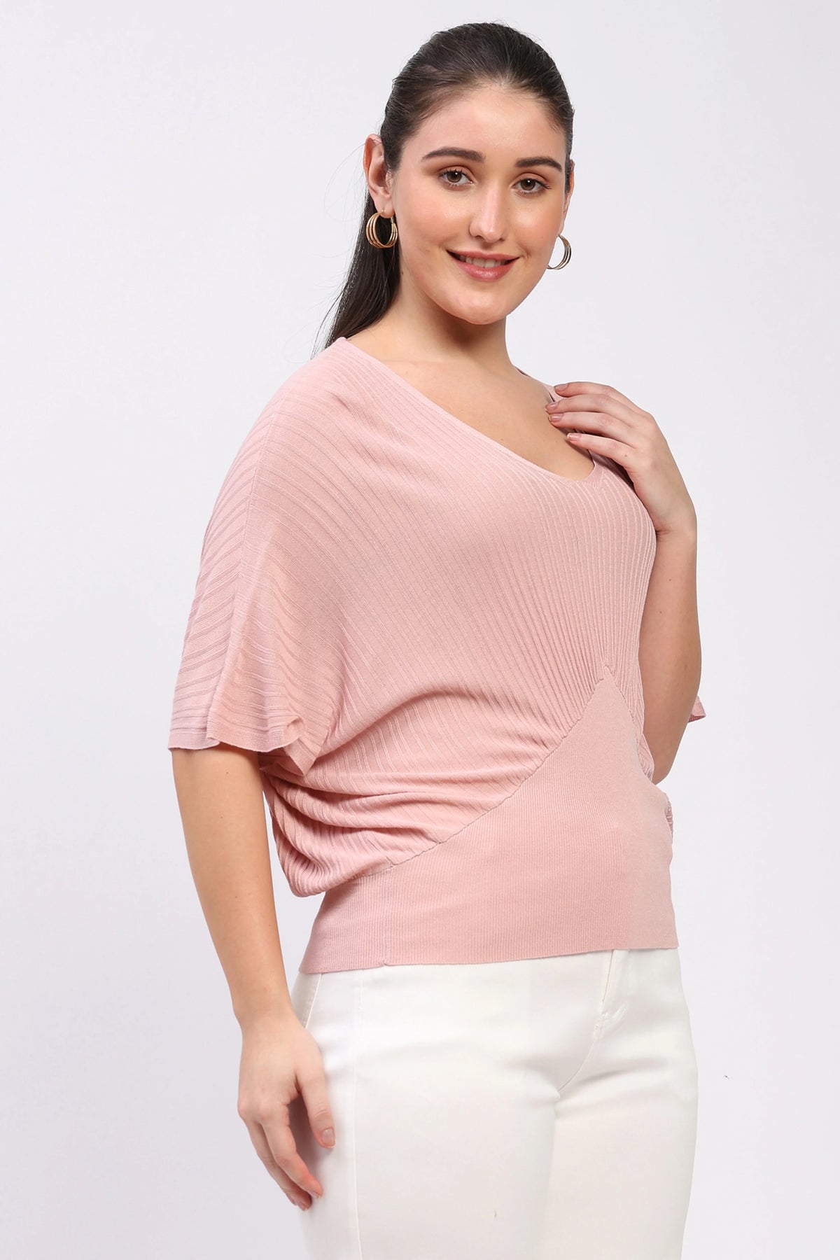 Onion Pink Ribbed Batwing Top-Global Republic