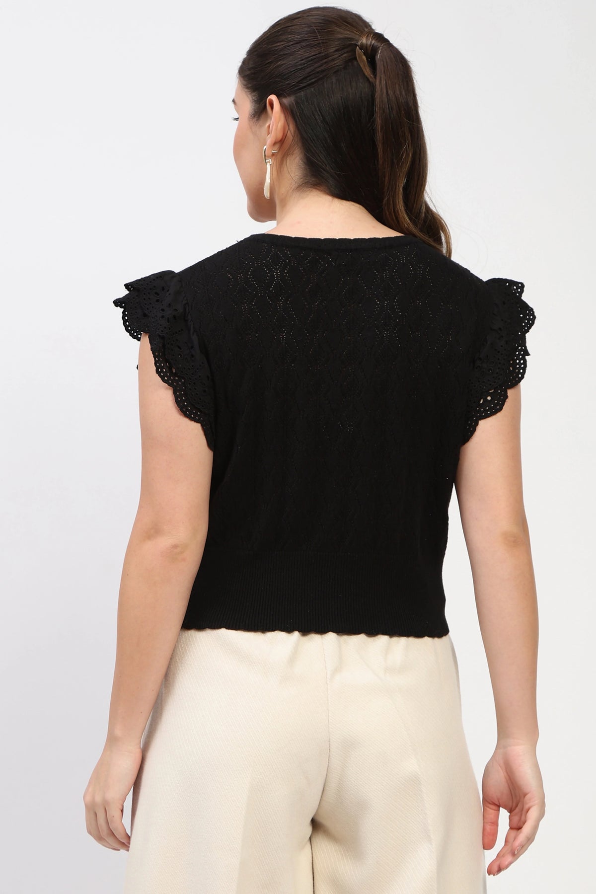 Black Ruffled Knit Top-Global Republic