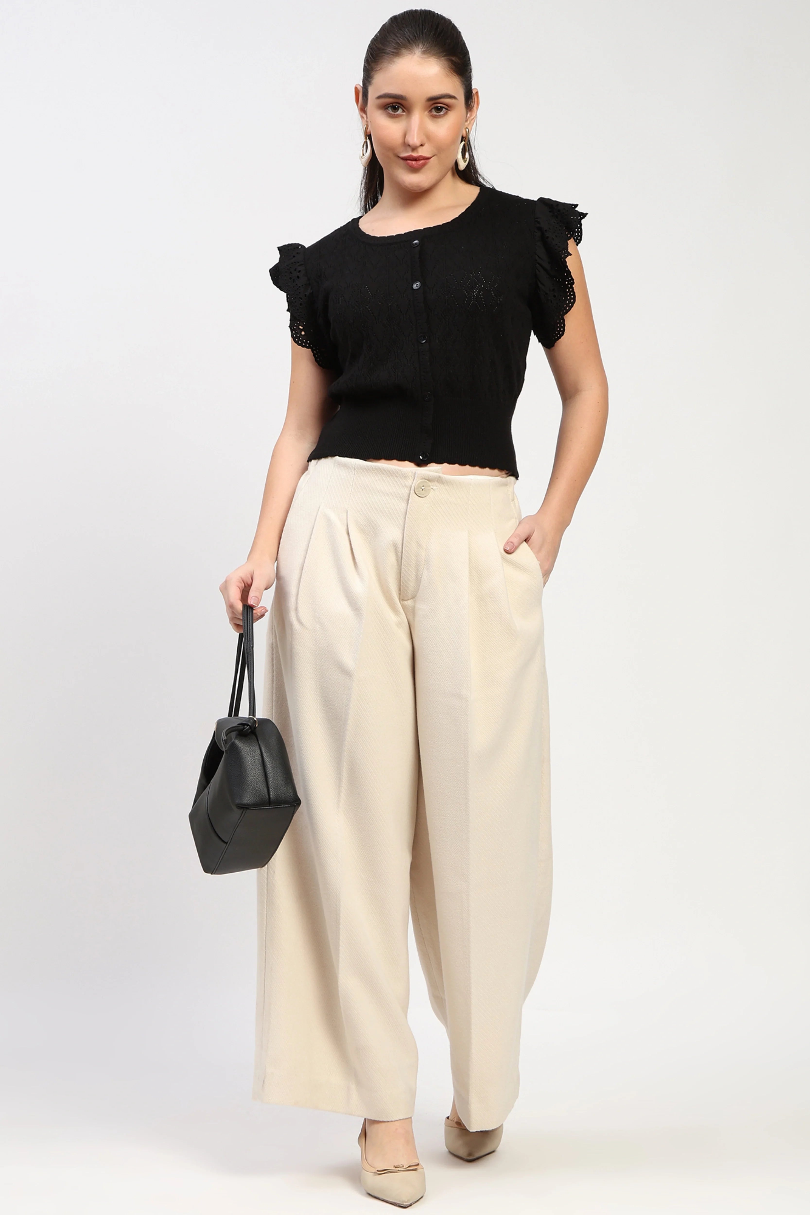 Black Ruffled Knit Top-Global Republic
