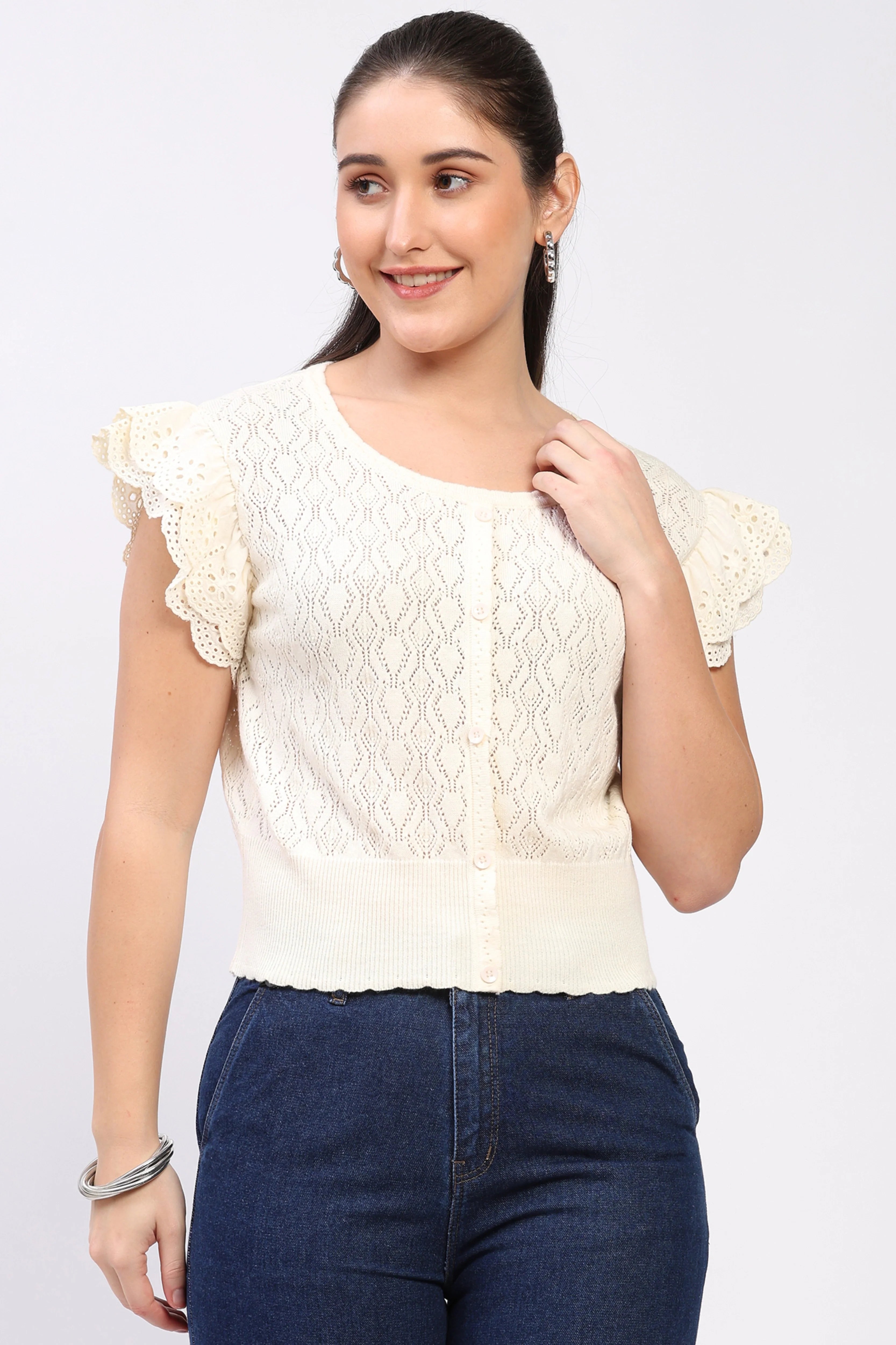 Off-White Ruffled Knit Top-Global Republic