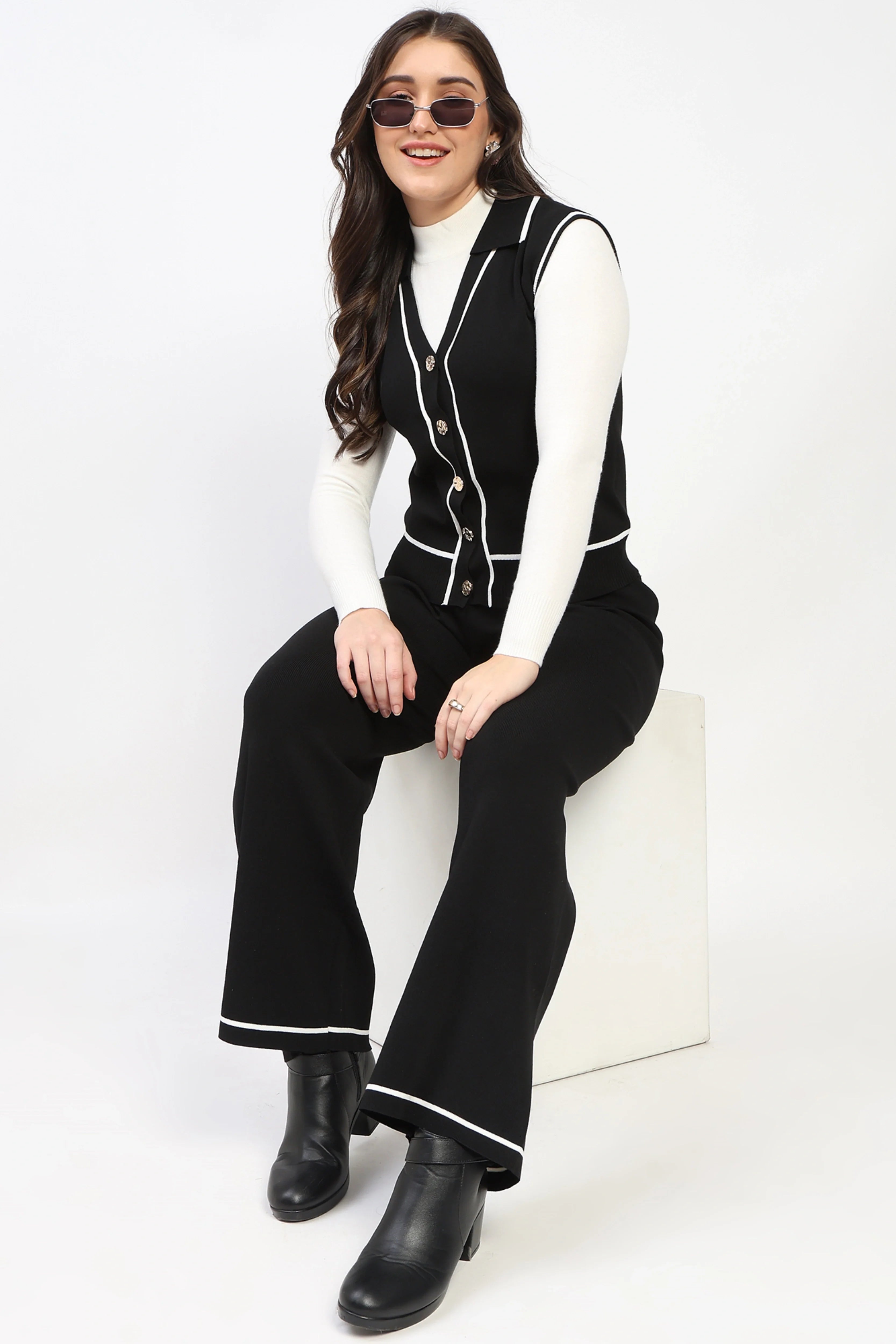 Black Straight Fit Knitted Lower-Global Republic