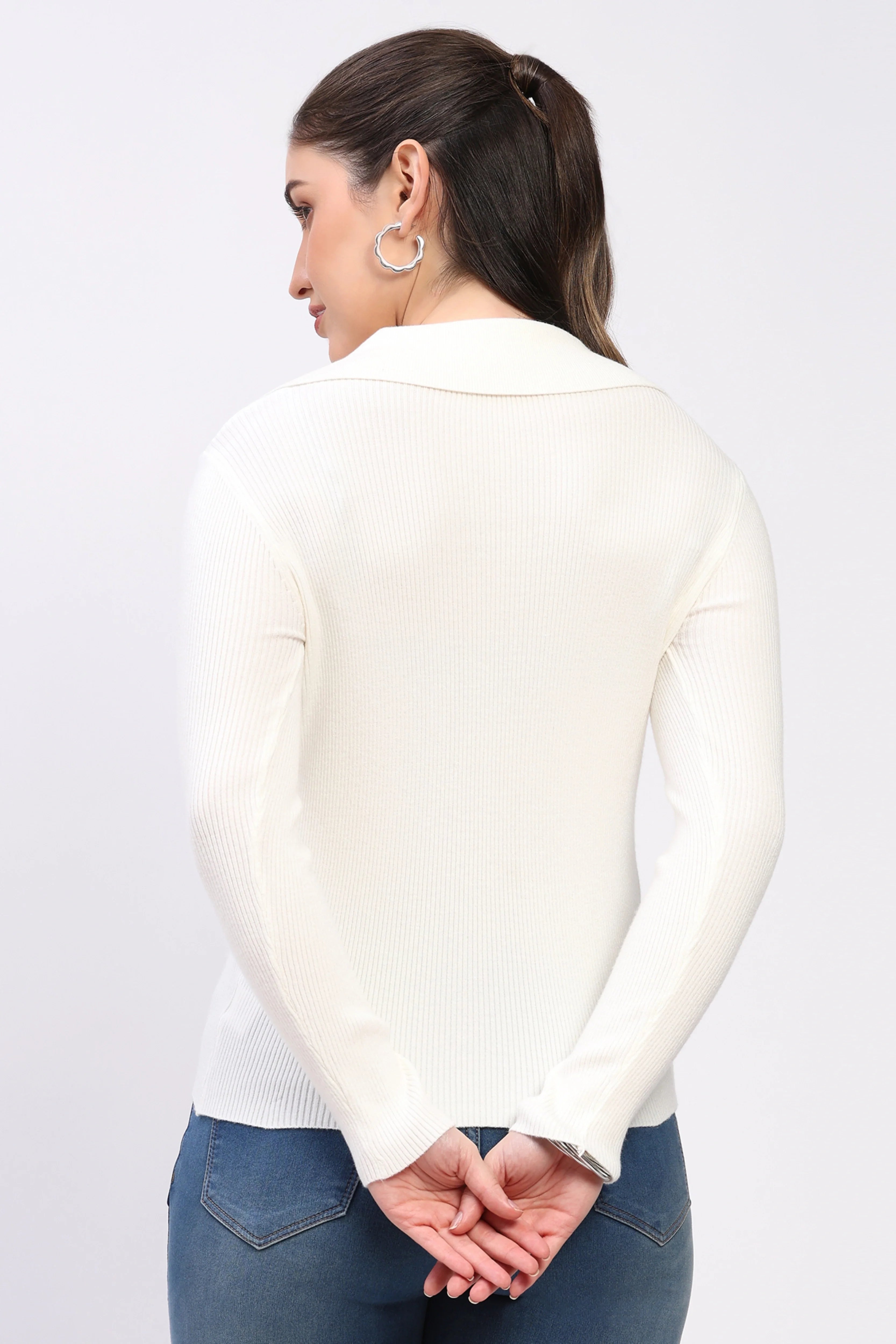 Natural Ribbed Collared Winter Top-Global Republic