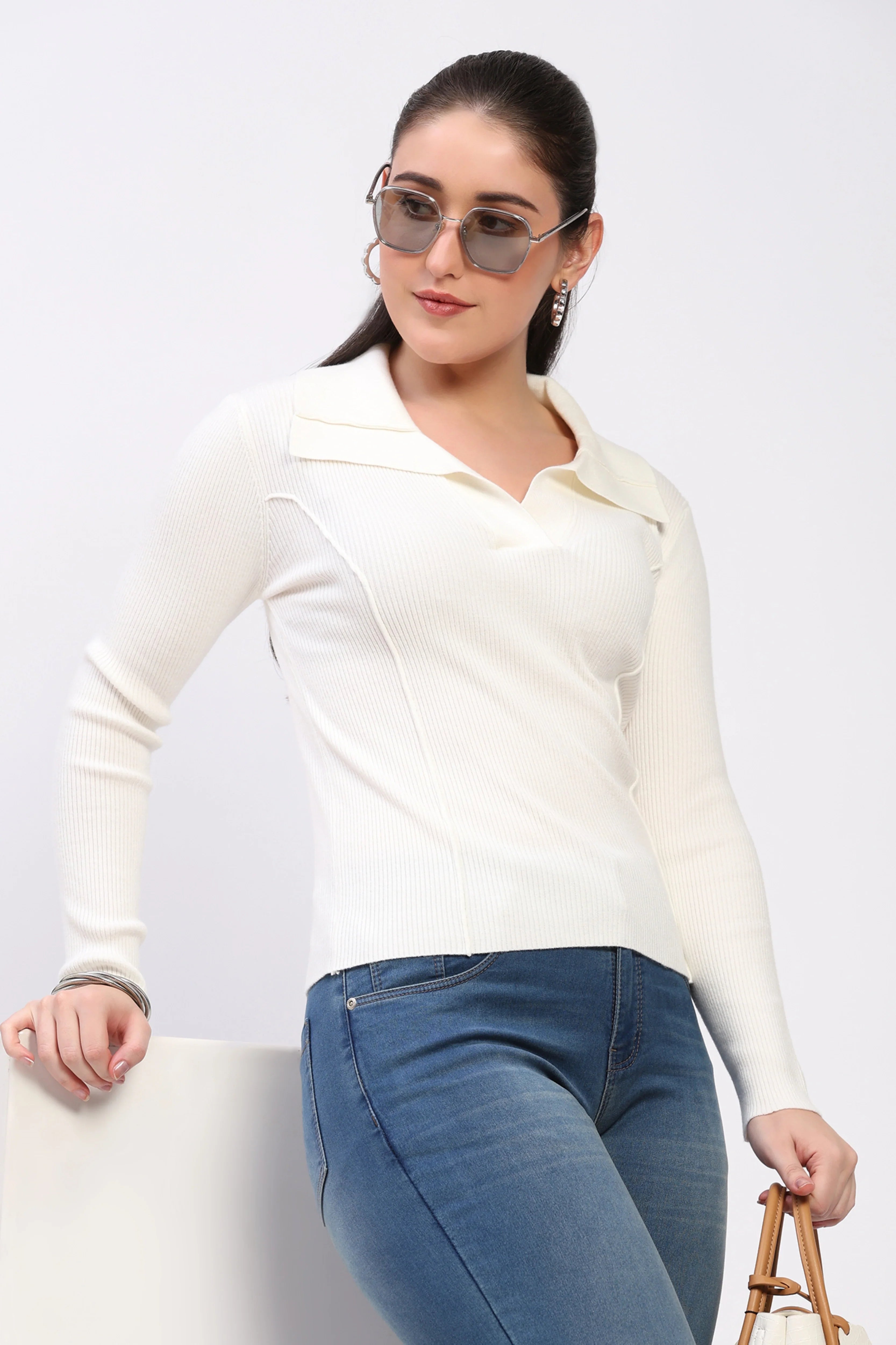 Natural Ribbed Collared Winter Top-Global Republic