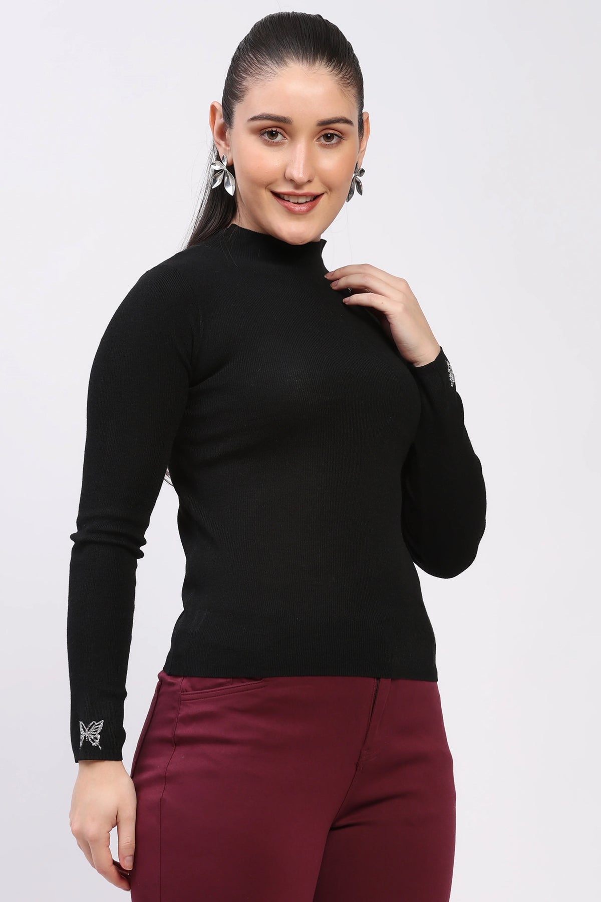 Butterfly Embellished High Neck Winter Top-Global Republic