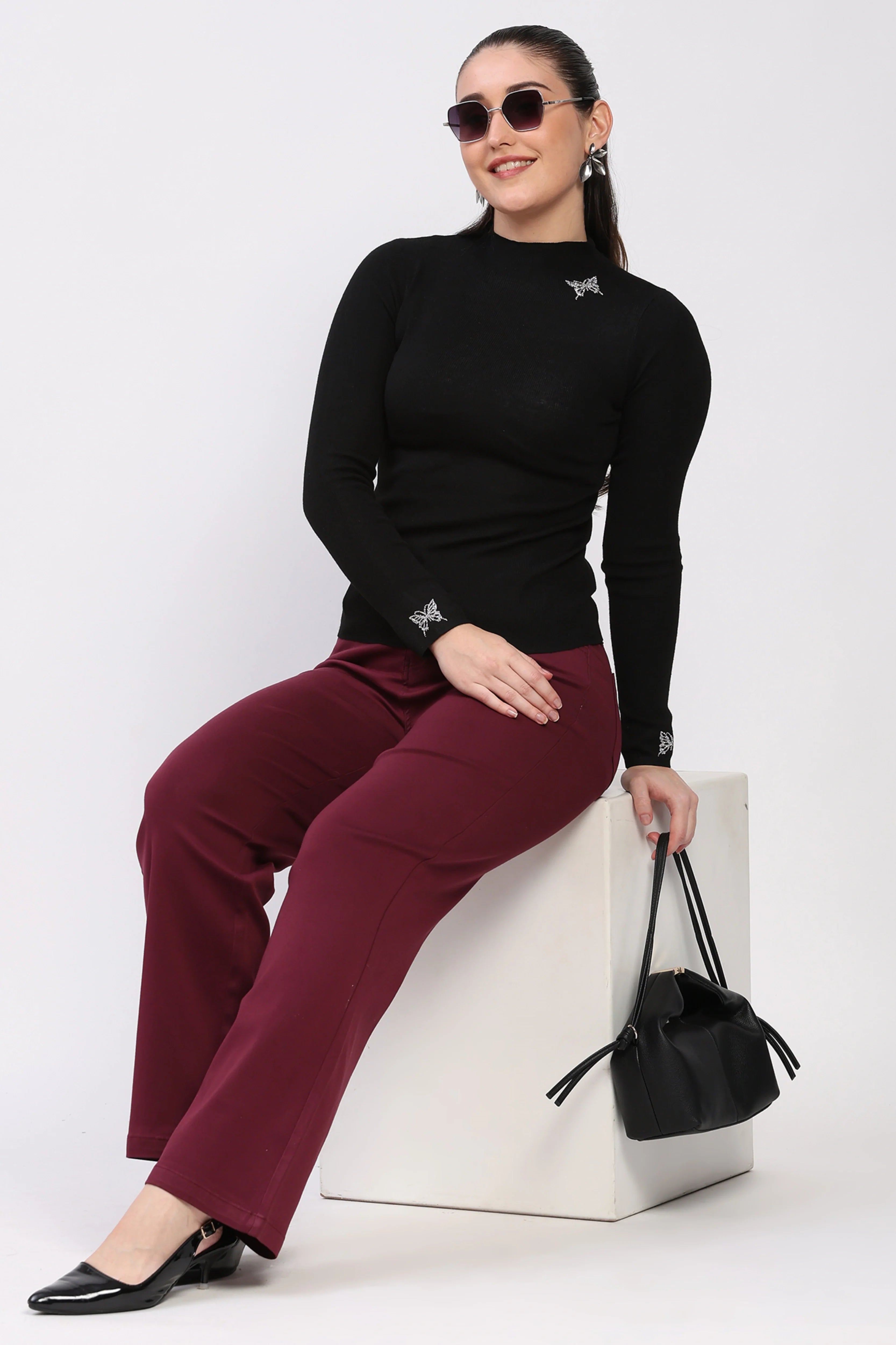 Butterfly Embellished High Neck Winter Top-Global Republic