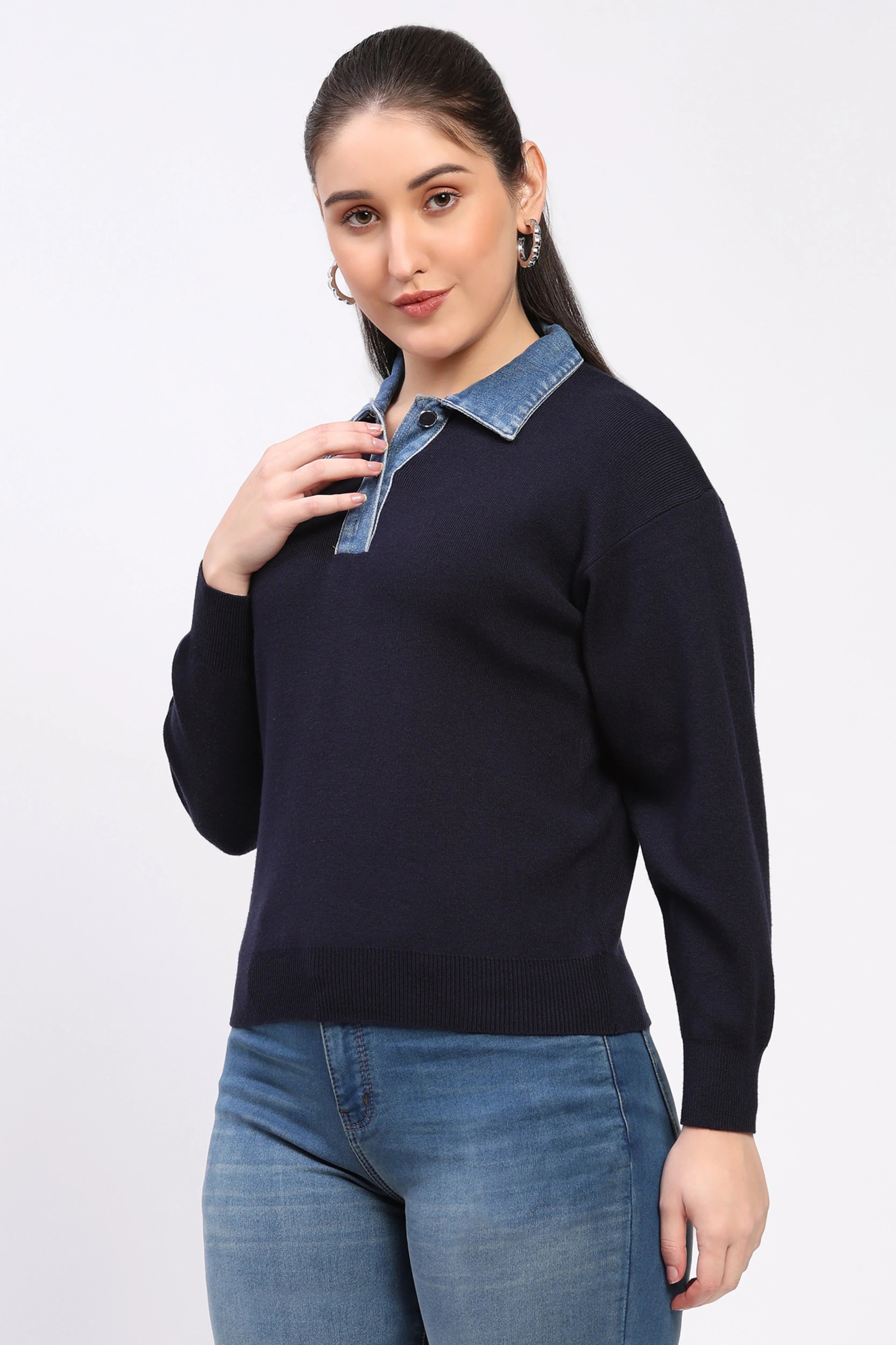 Navy Denim Collar Sweater-Global Republic