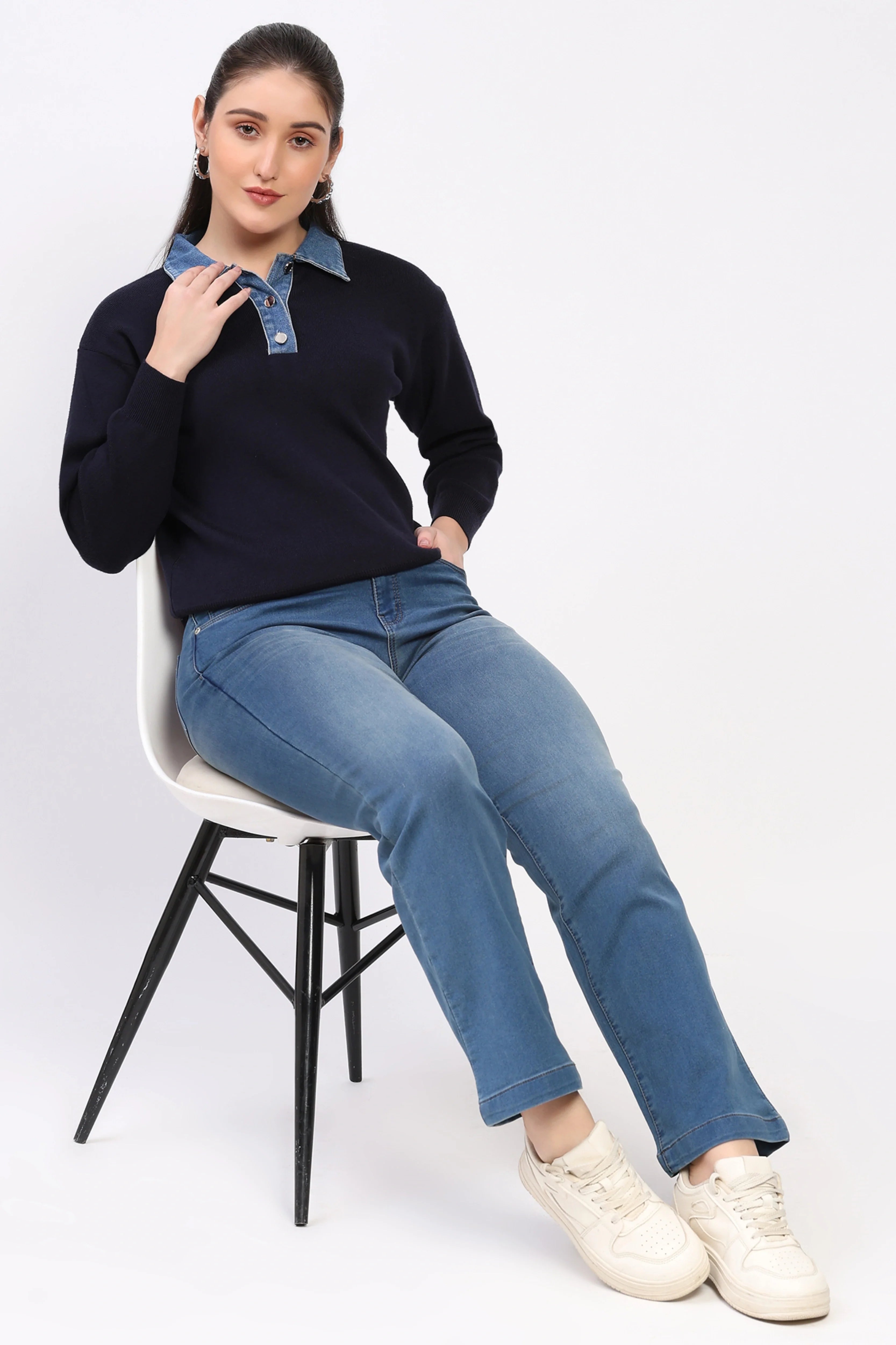 Navy Denim Collar Sweater-Global Republic