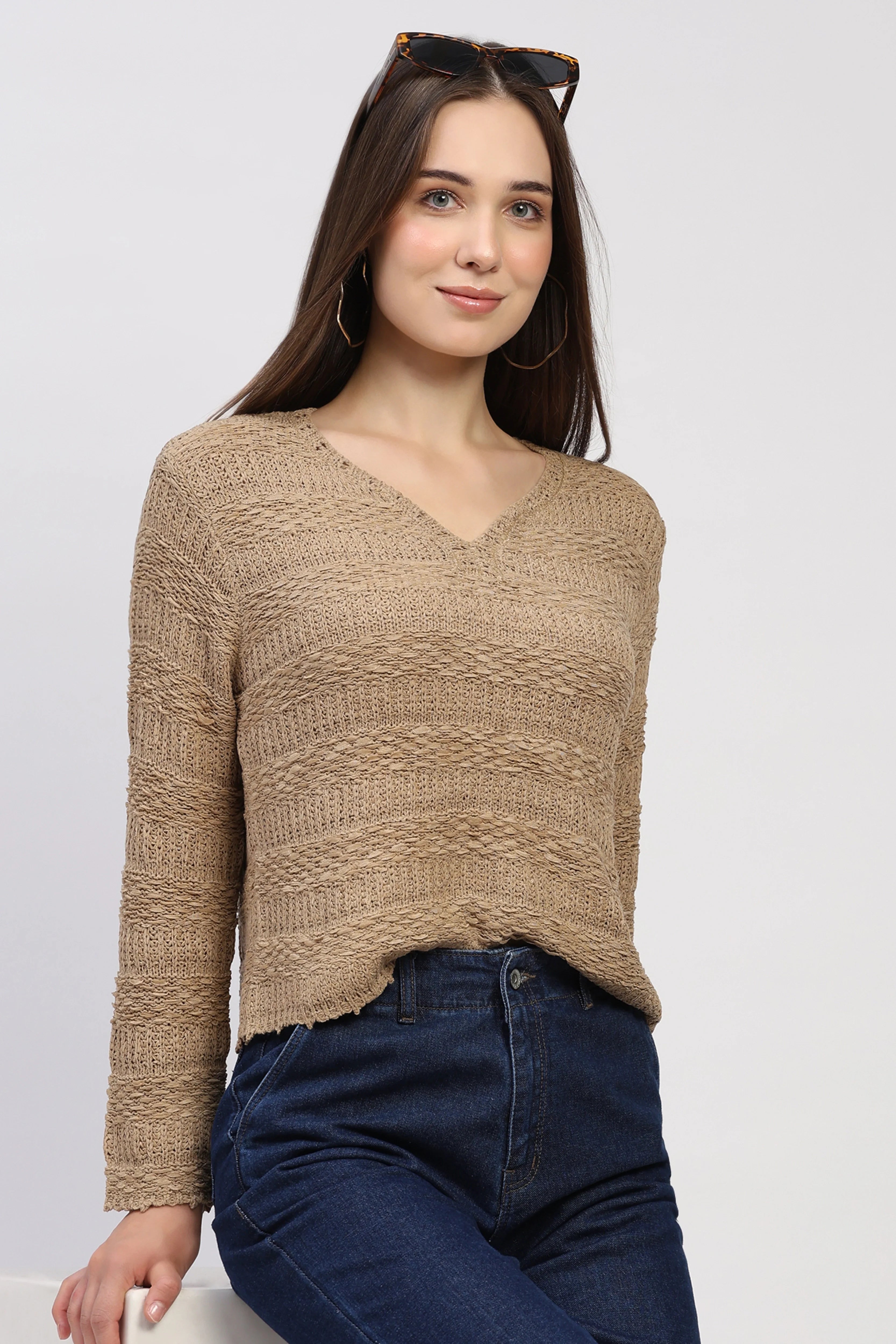 Beige Self-Design Knit Top