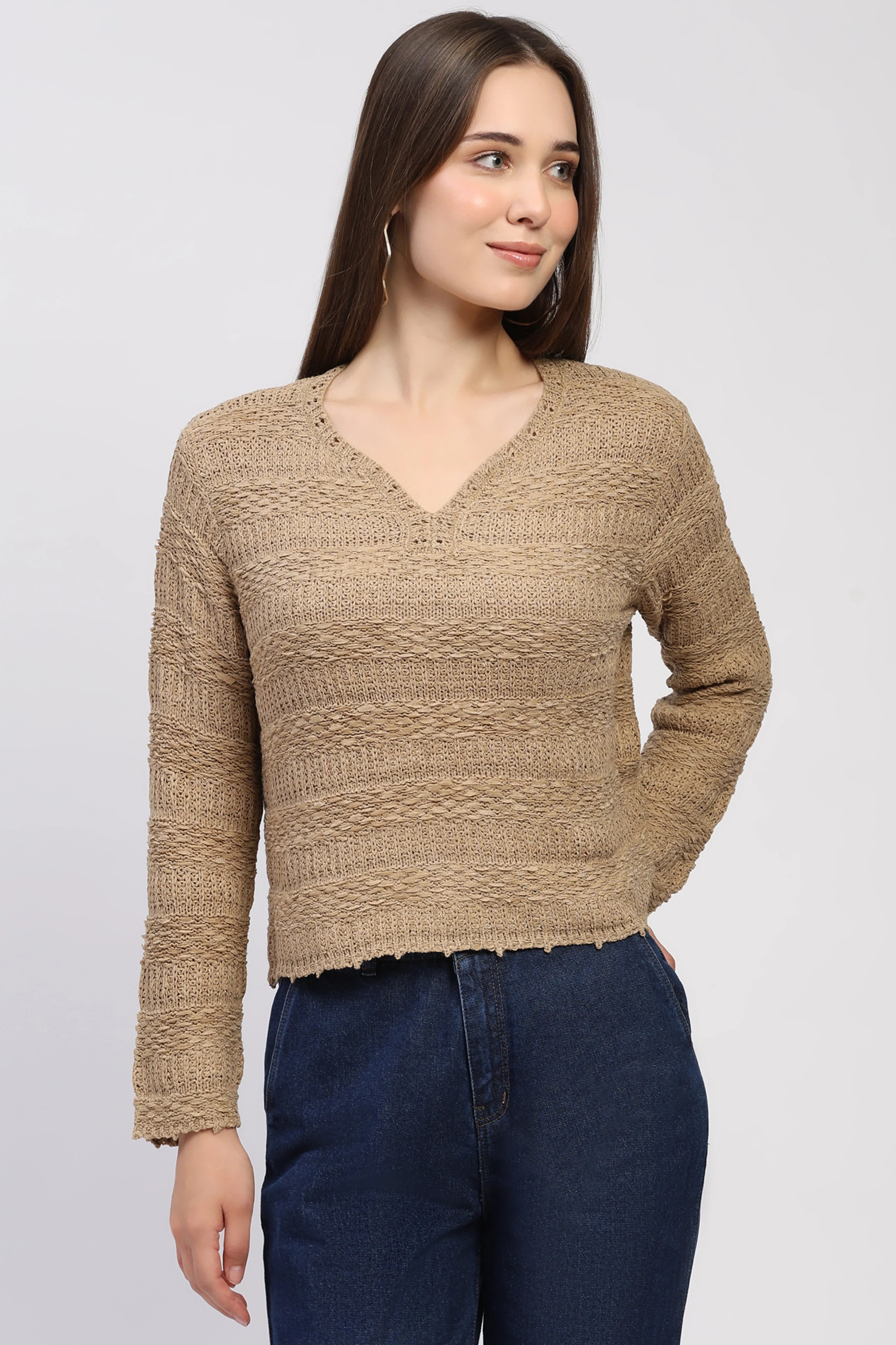 Beige Self-Design Knit Top
