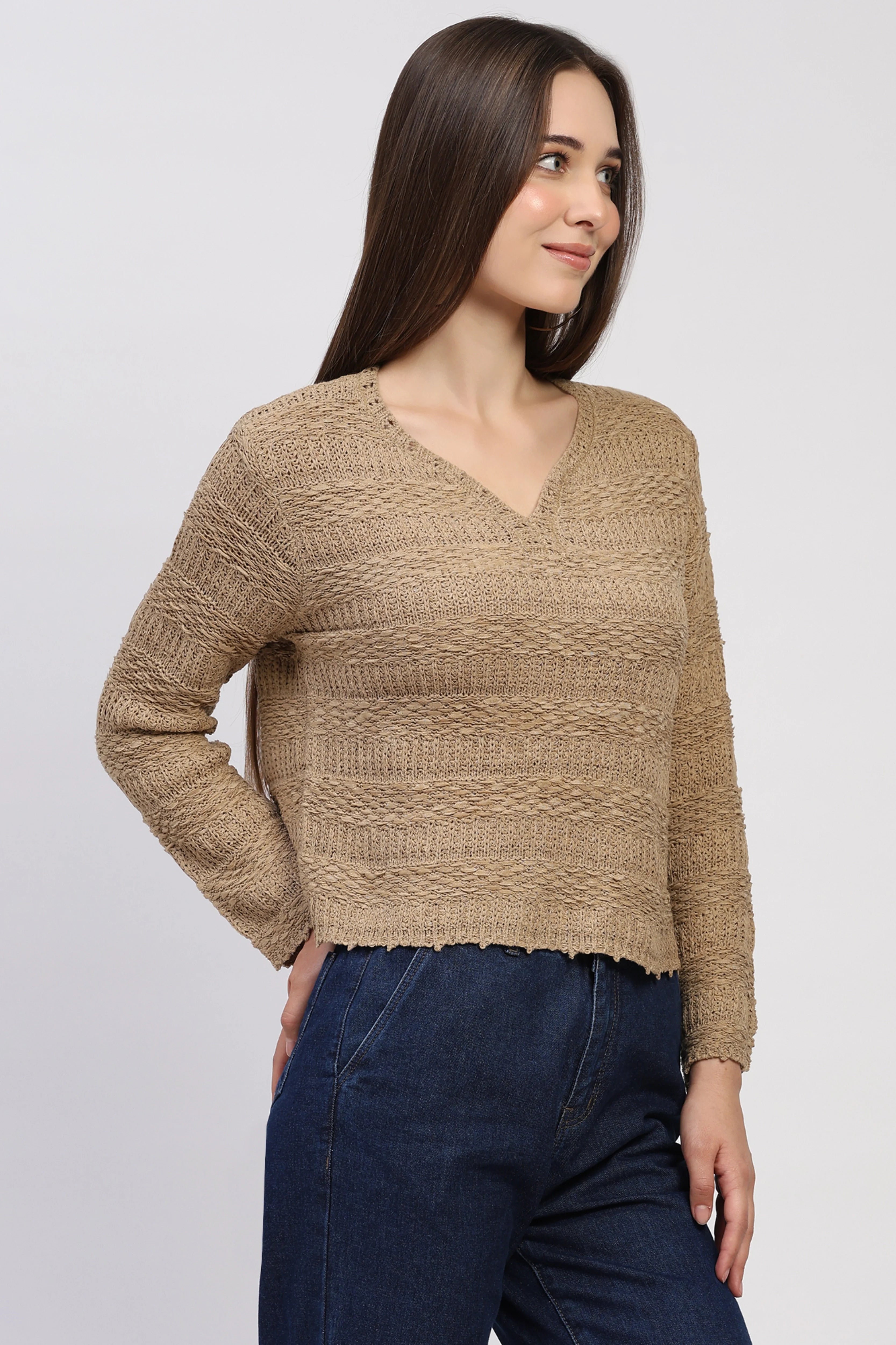 Beige Self-Design Knit Top