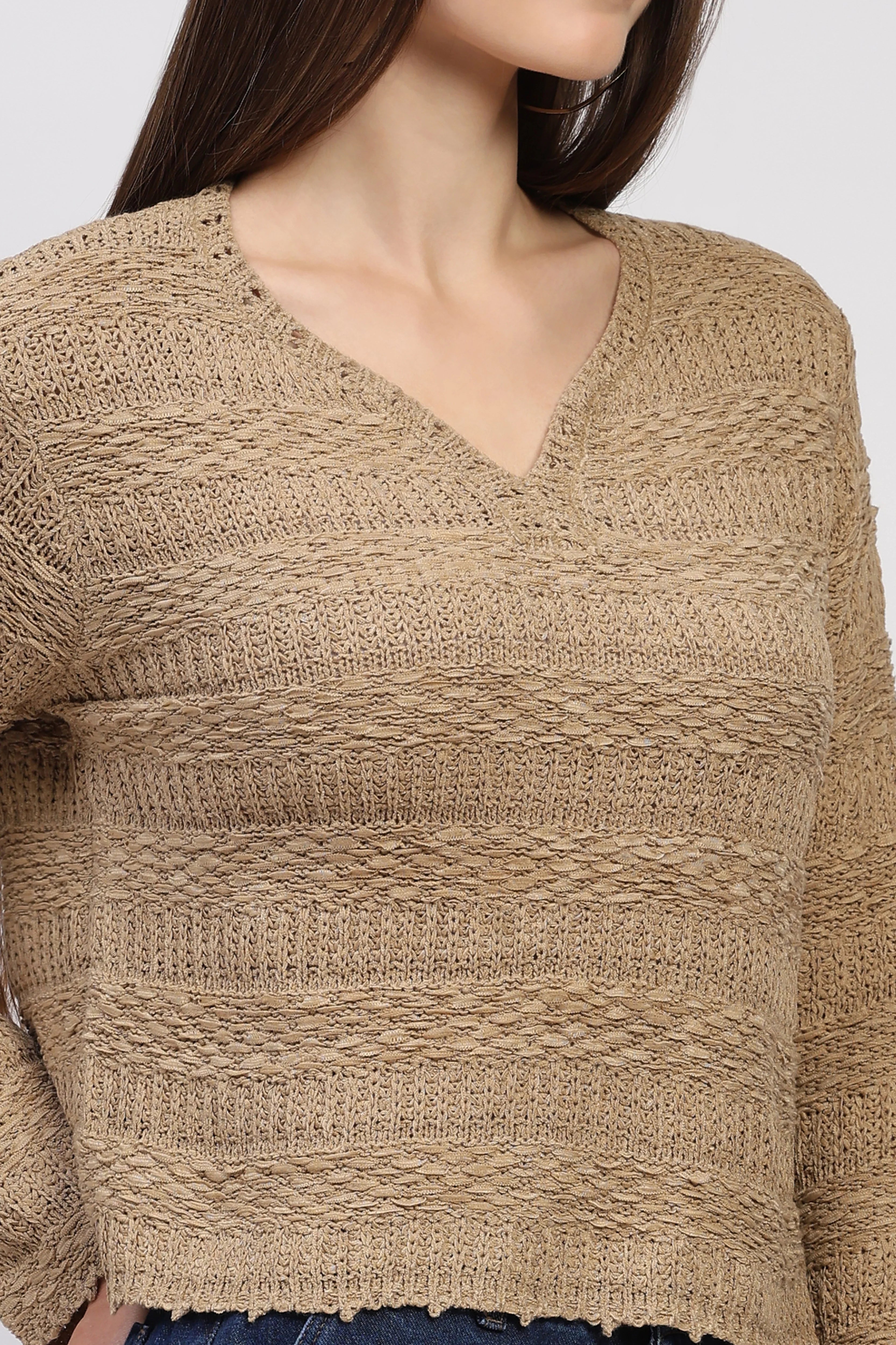 Beige Self-Design Knit Top