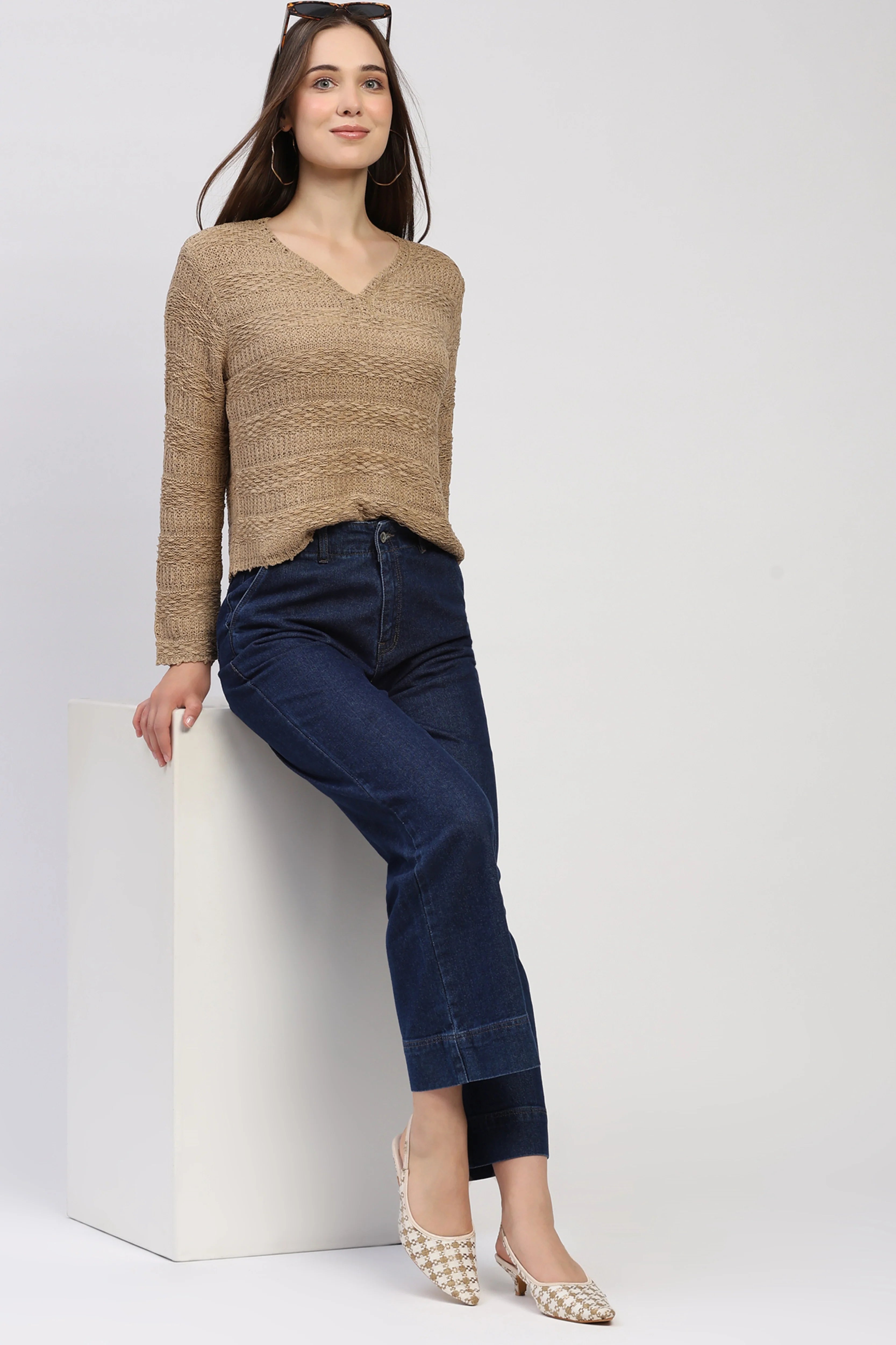 Beige Self-Design Knit Top