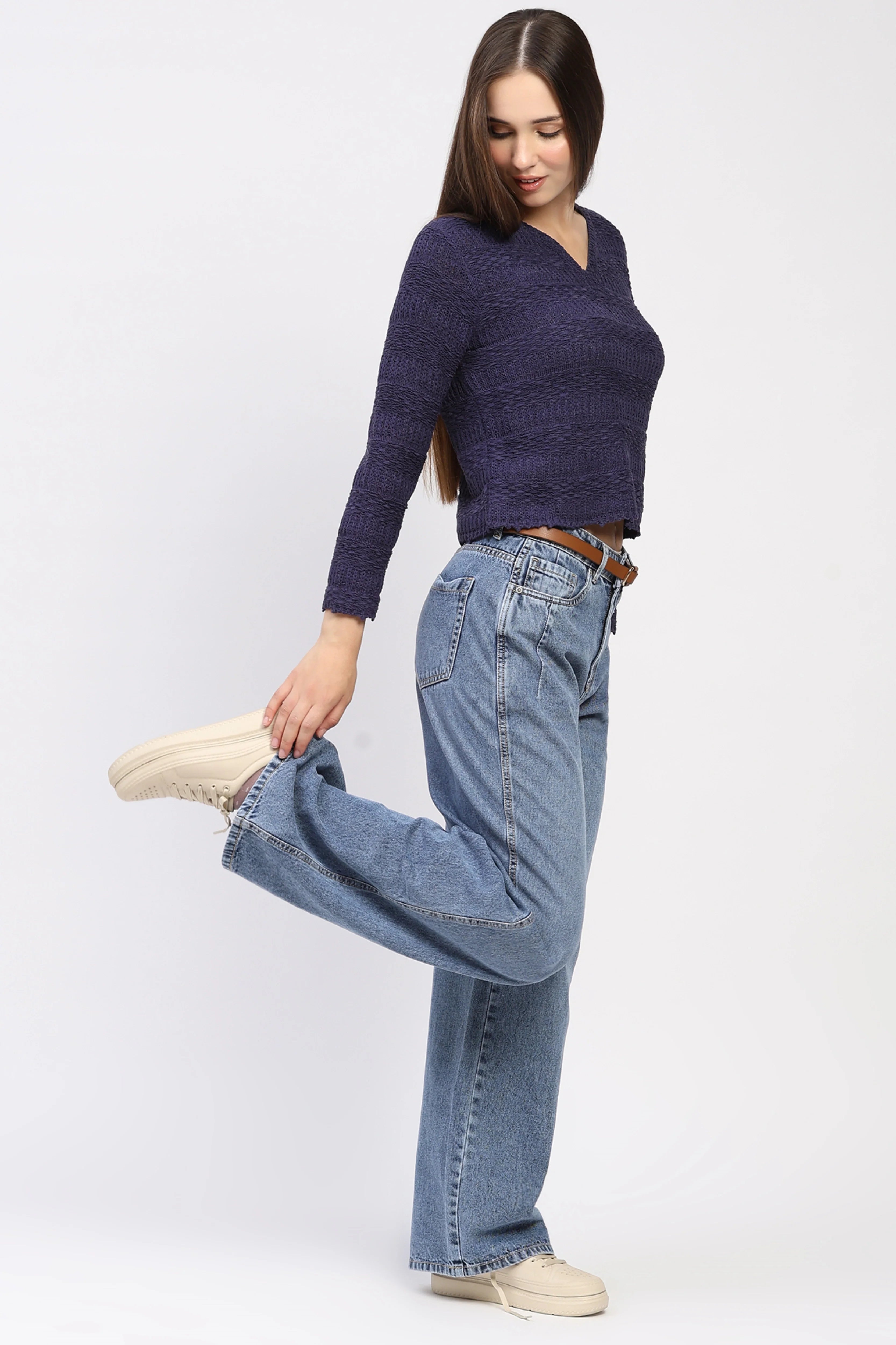 Navy Self-Design Knit Top