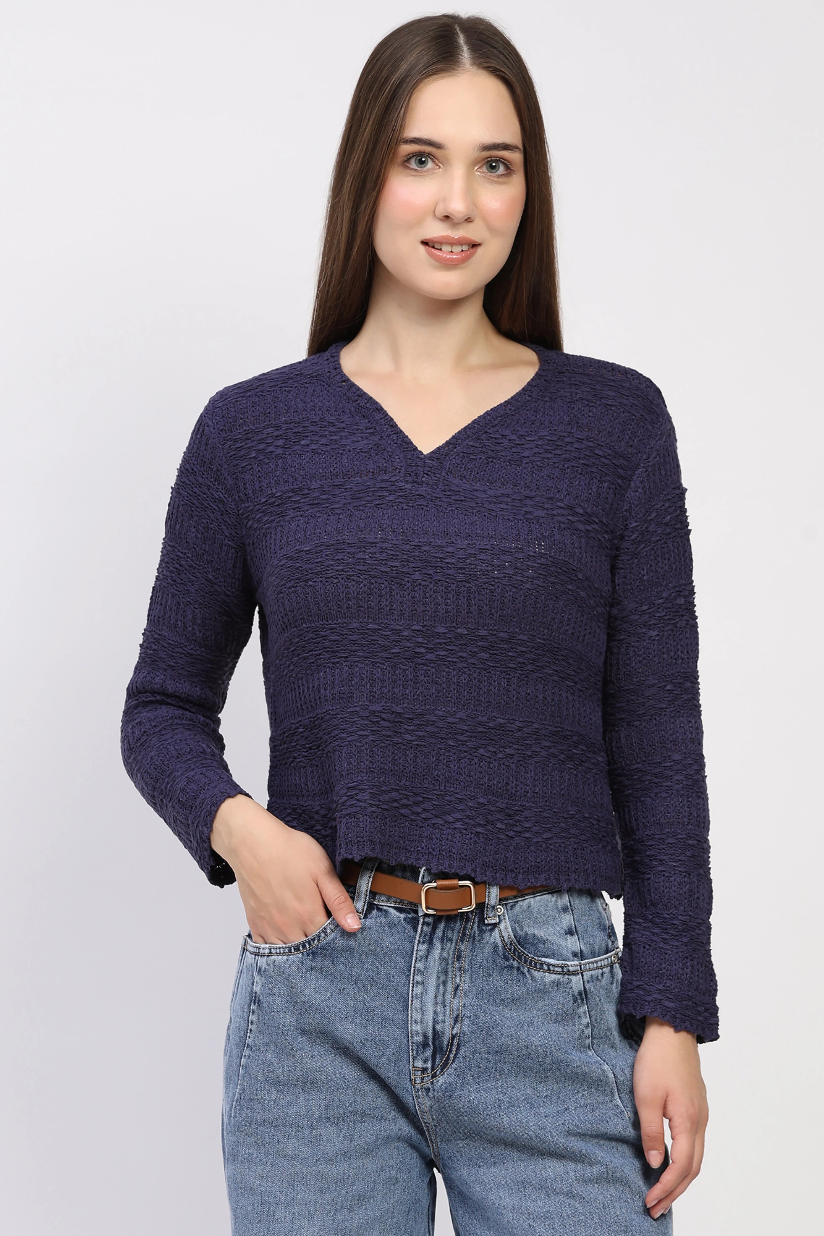 Navy Self-Design Knit Top