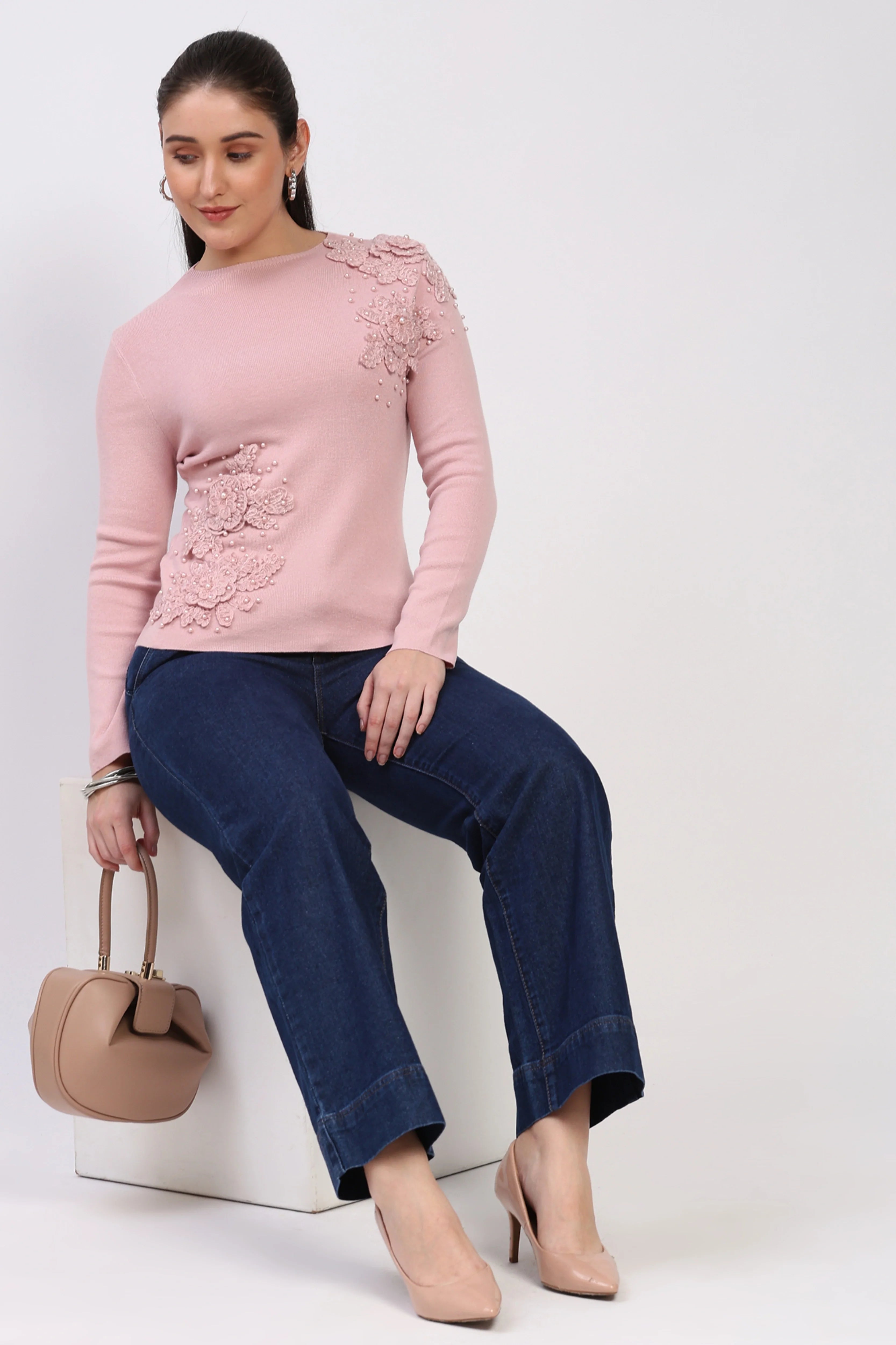Pink Floral Embellished Pullover-Global Republic