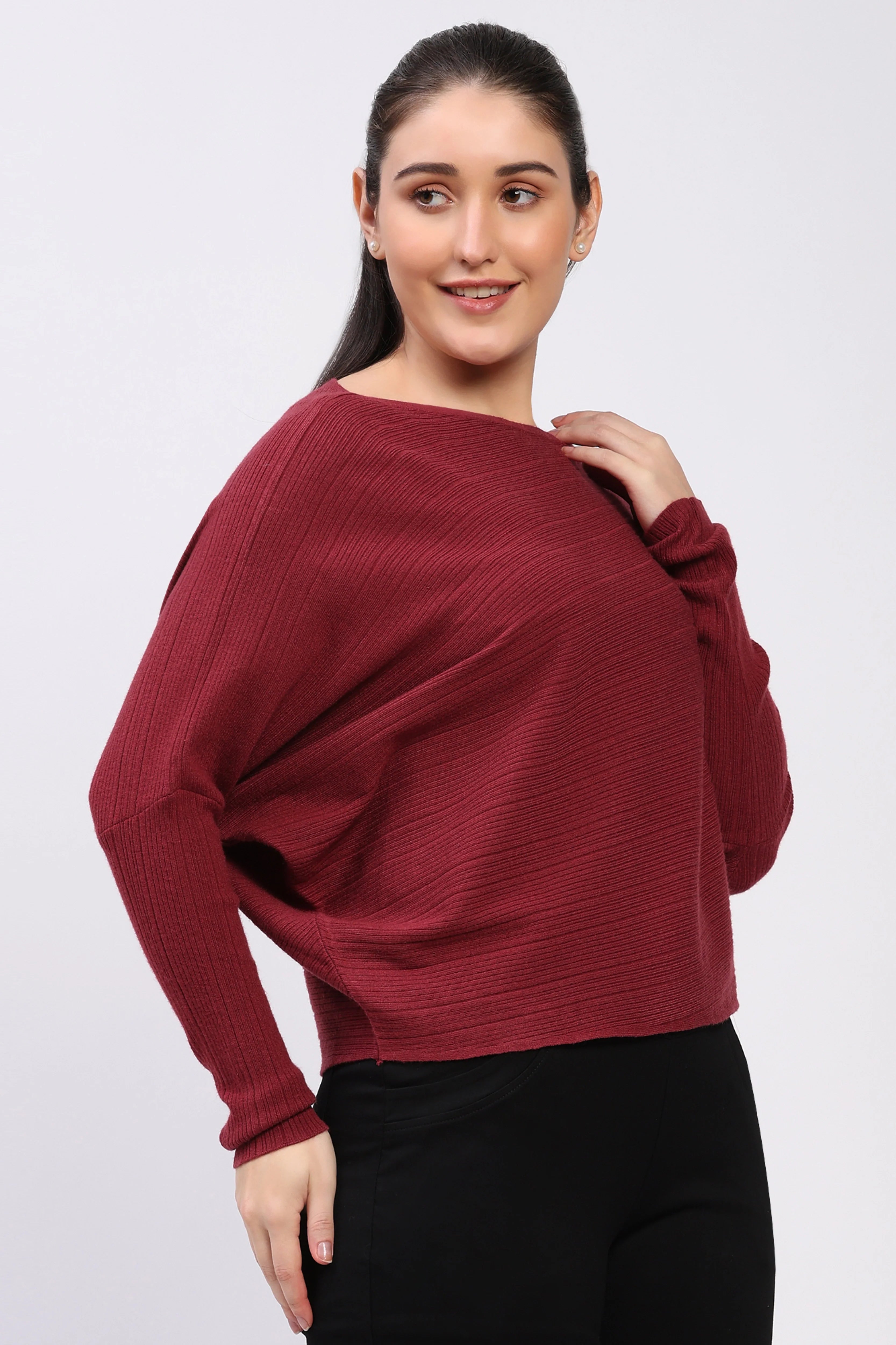 Maroon Ribbed Batwing Pullover-Global Republic
