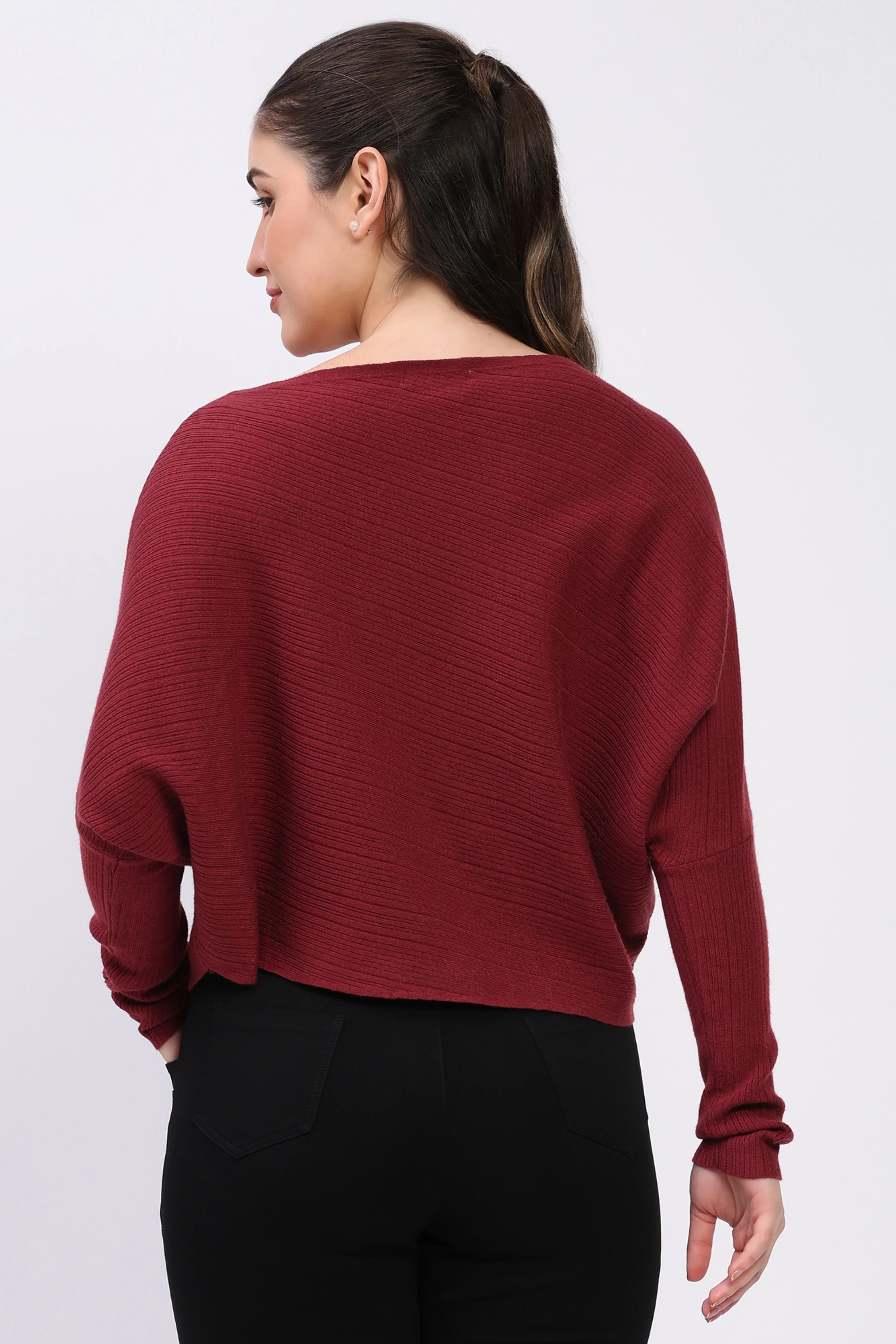 Maroon Ribbed Batwing Pullover-Global Republic
