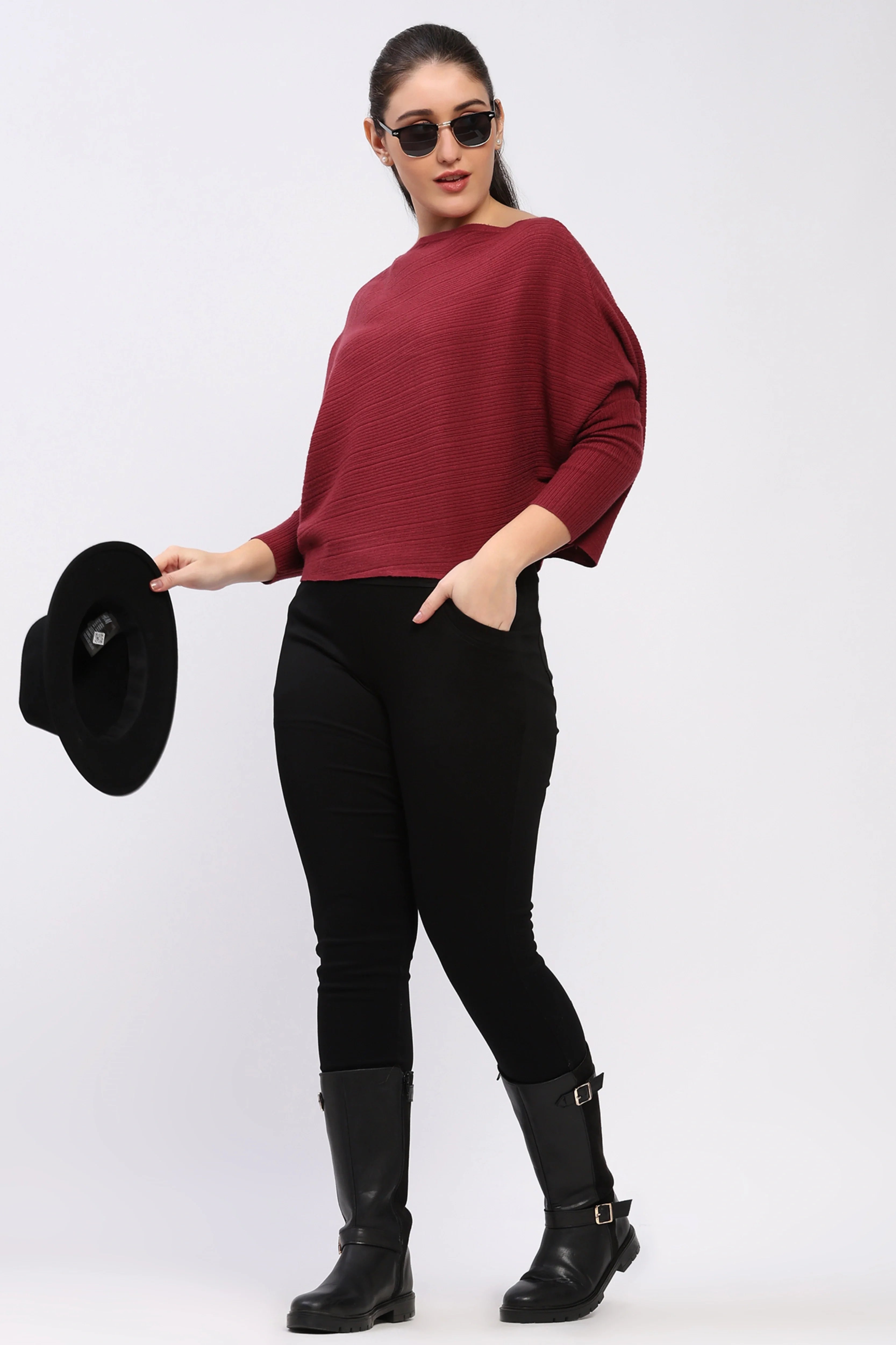 Maroon Ribbed Batwing Pullover-Global Republic